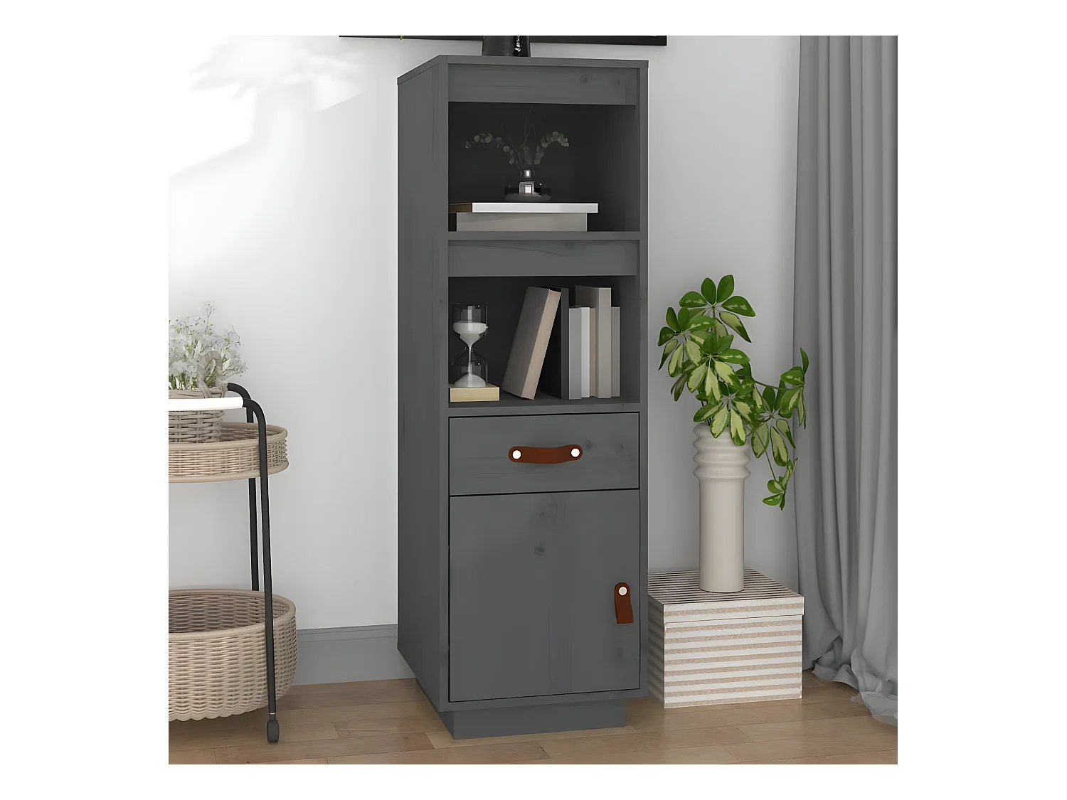 Hohes Sideboard Grau 34x40x108,5 cm Massives Kiefernholz