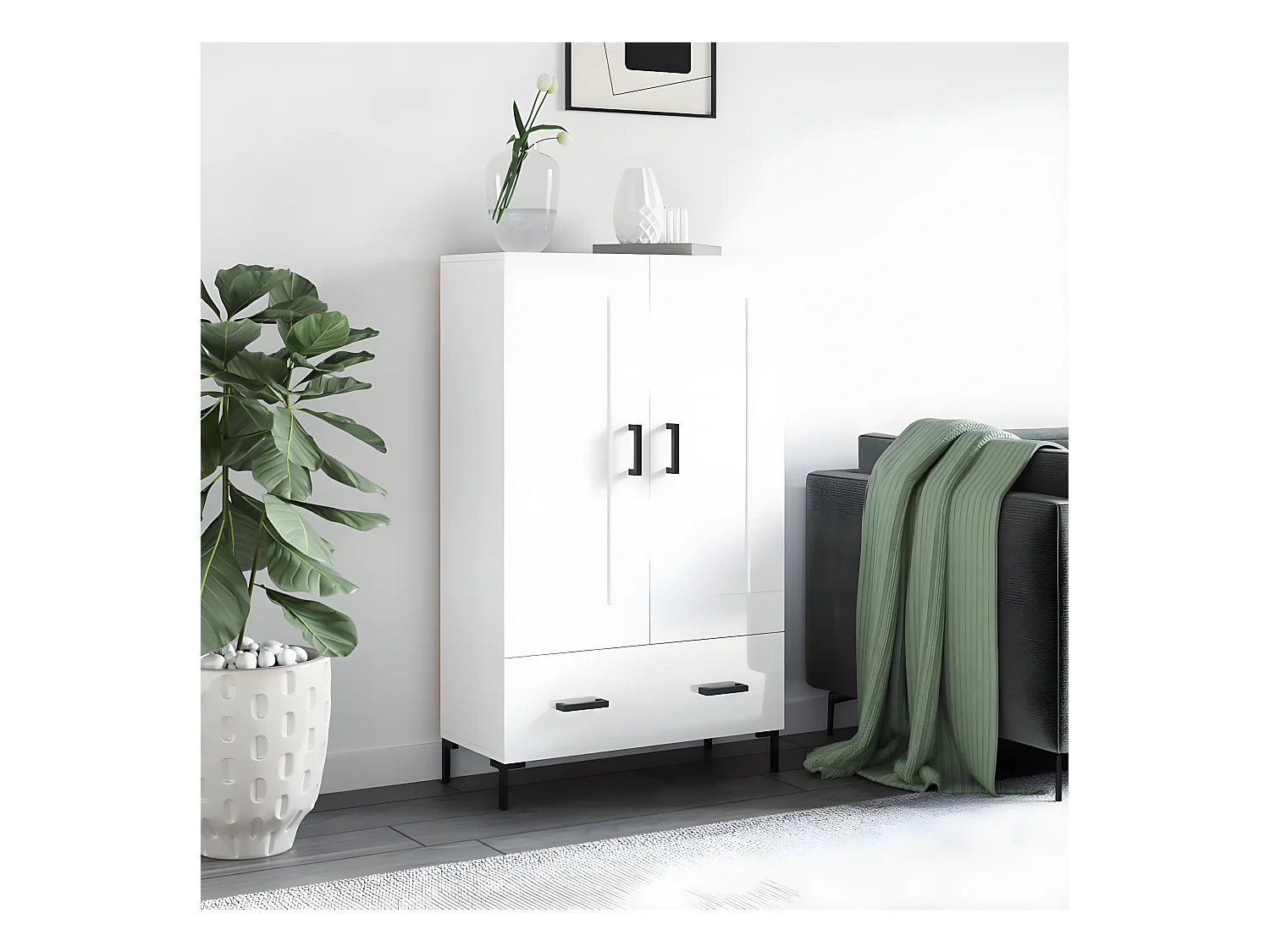 Buffet haut blanc brillant 69,5x31x115 cm bois d'ingénierie