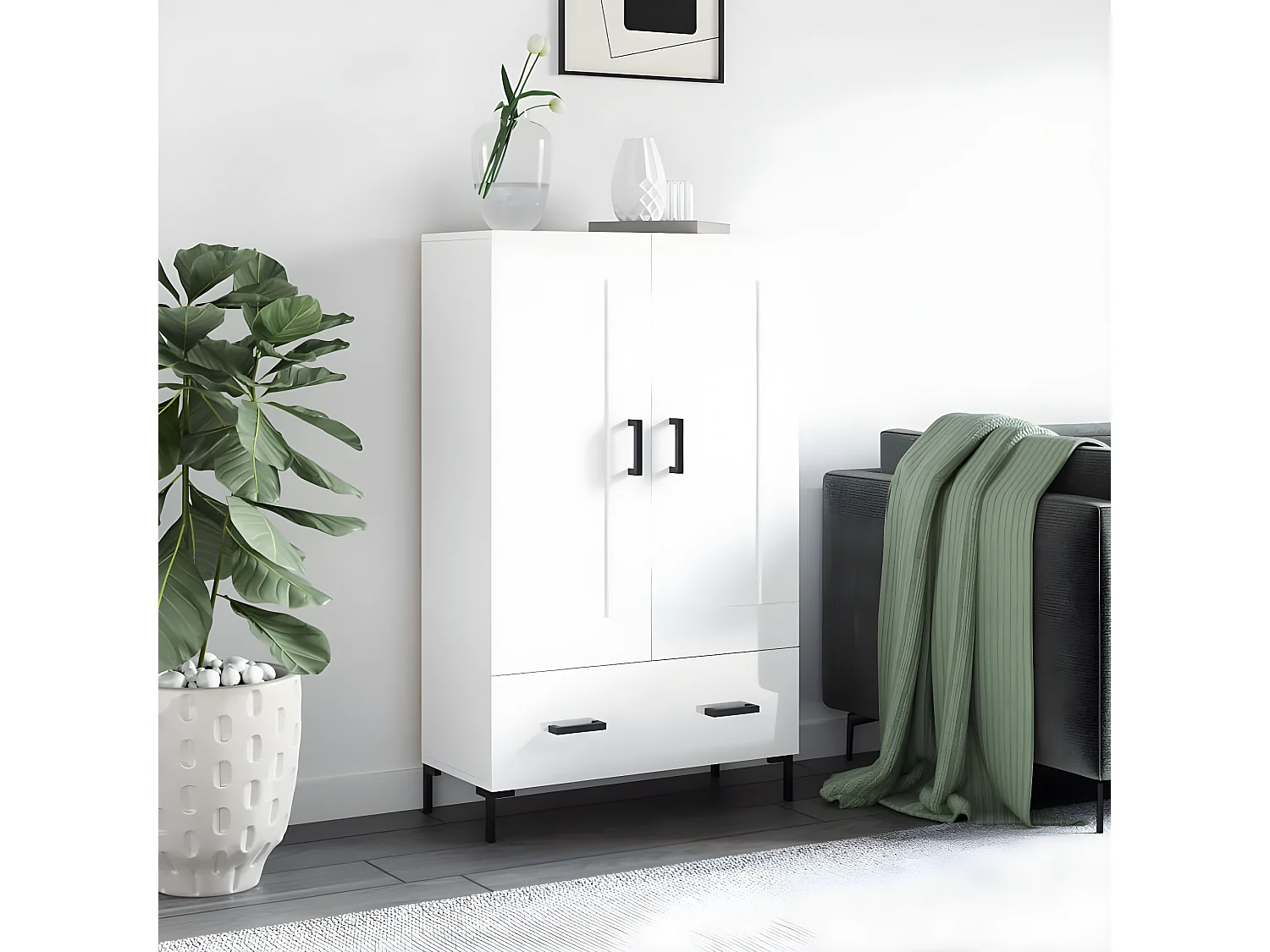 Buffet haut blanc brillant 69,5x31x115 cm bois d'ingénierie