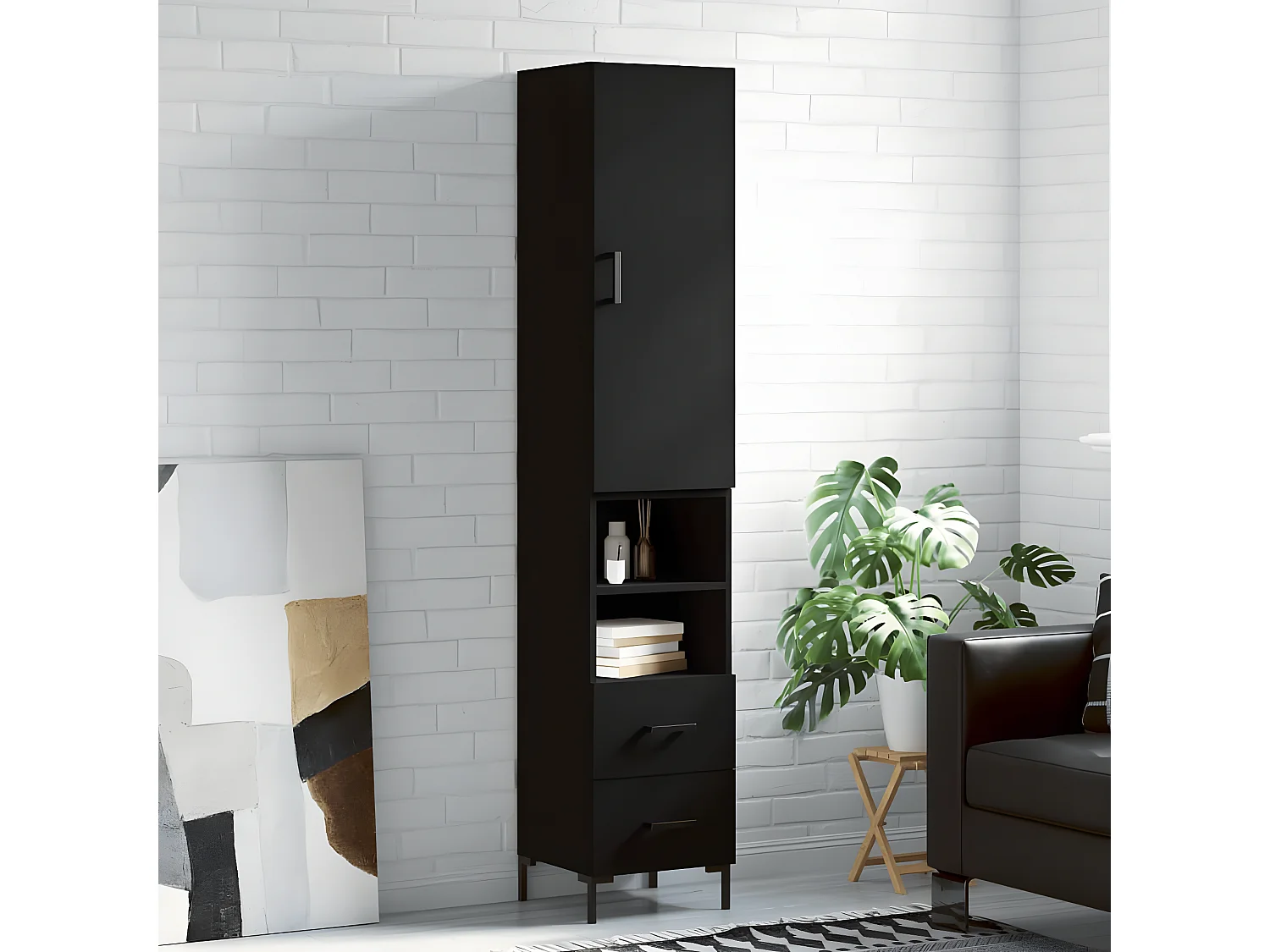 Aparador alto preto 34,5x34x180 cm Madeira trabalhada