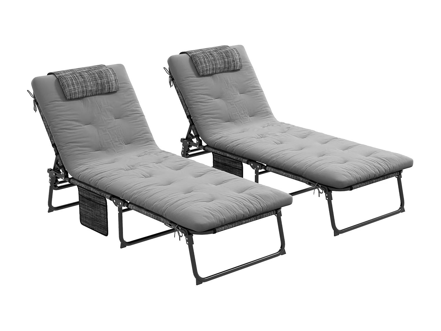 Lot de 2 transats bains de soleil pliables inclinables - tétière, matelas épais - métal tissu gris