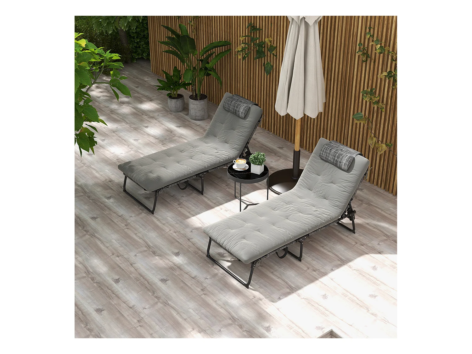 Lot de 2 transats bains de soleil pliables inclinables - tétière, matelas épais - métal tissu gris