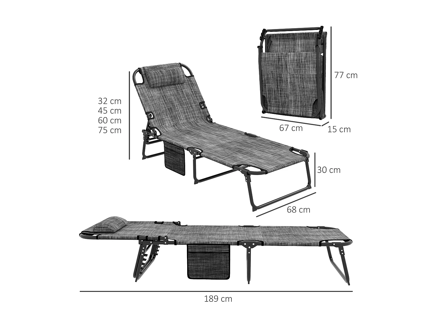 Lot de 2 transats bains de soleil pliables inclinables - tétière, matelas épais - métal tissu gris
