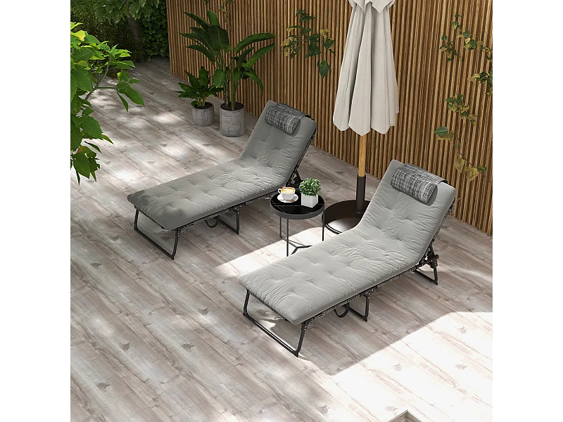 Lot de 2 transats bains de soleil pliables inclinables - tétière, matelas épais - métal tissu gris