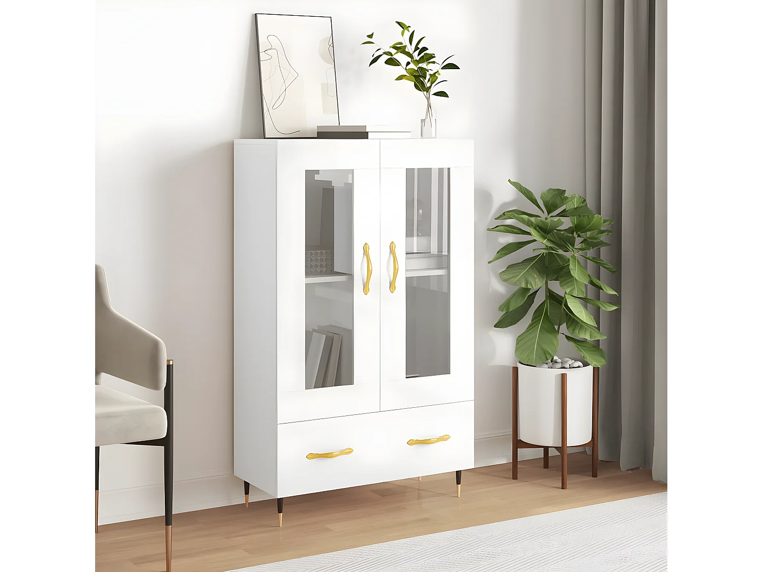 Buffet haut blanc brillant 69,5x31x115 cm bois d'ingénierie