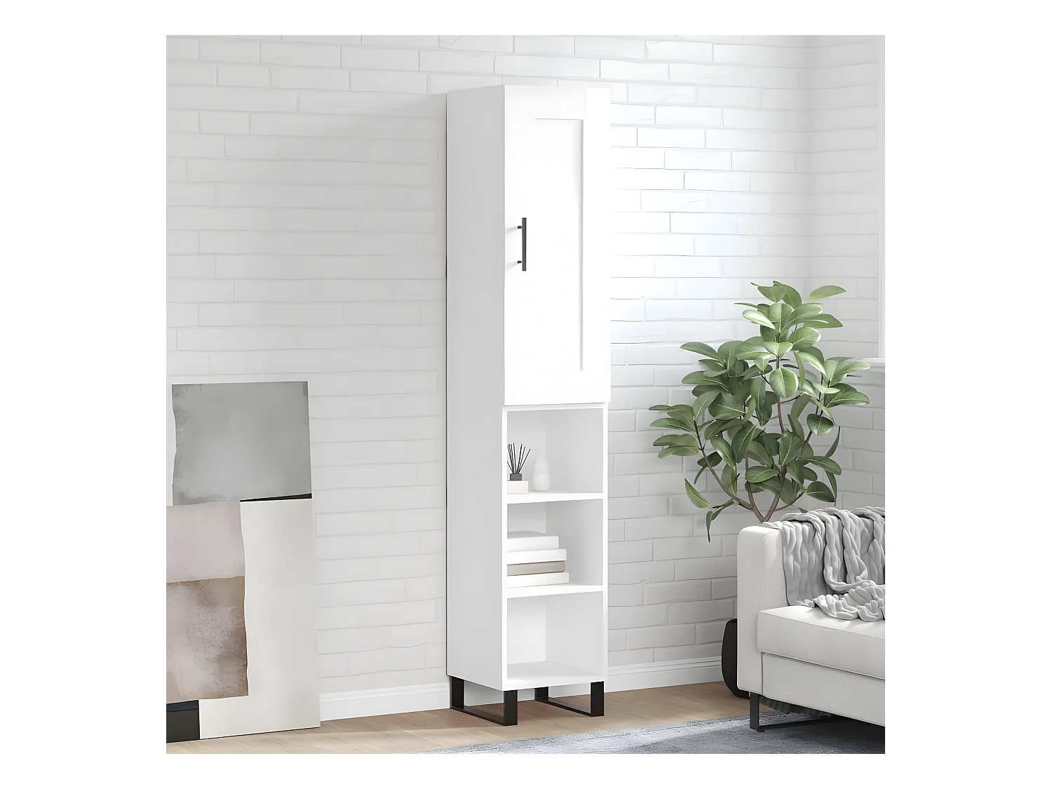Buffet haut Blanc brillant 34,5x34x180 cm Bois d'ingénierie