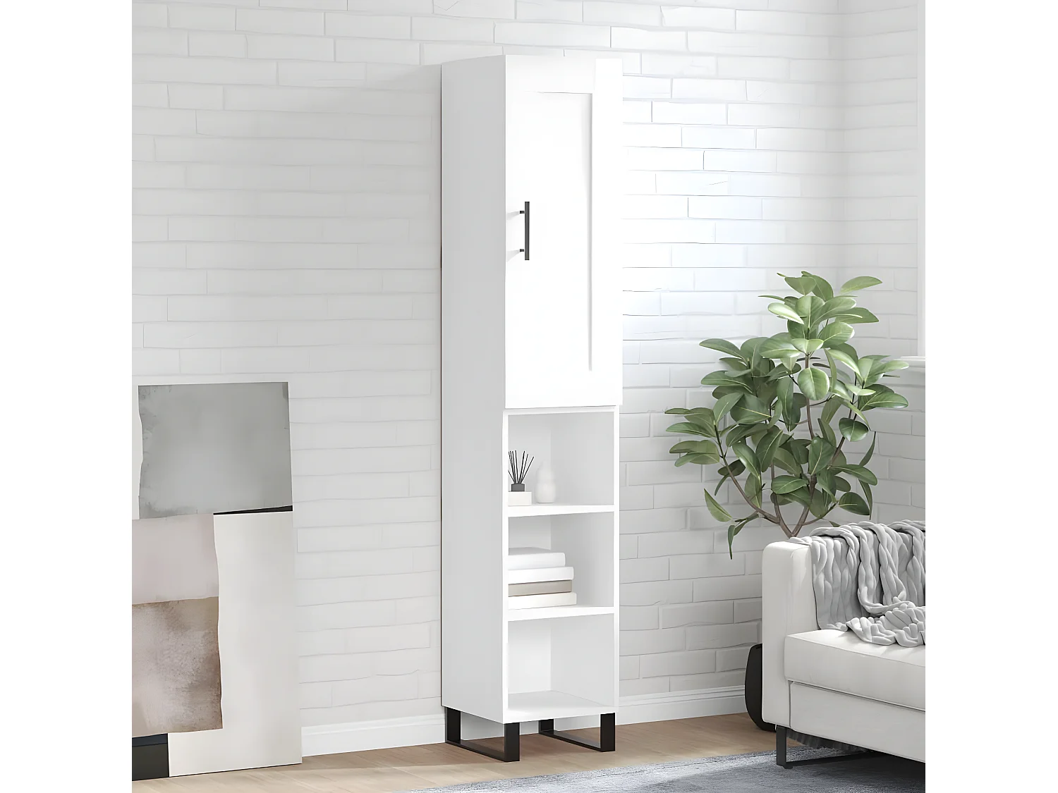 Buffet haut Blanc brillant 34,5x34x180 cm Bois d'ingénierie