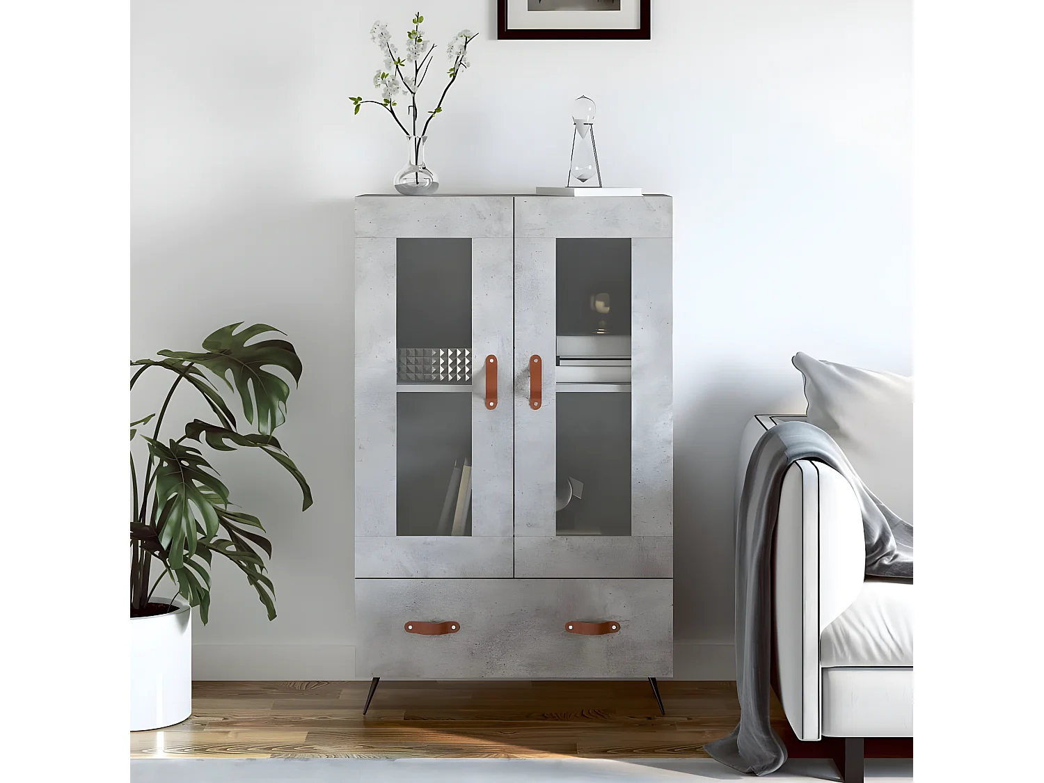 Betongraues hohes Sideboard 69,5 x 31 x 115 cm, Holzwerkstoff