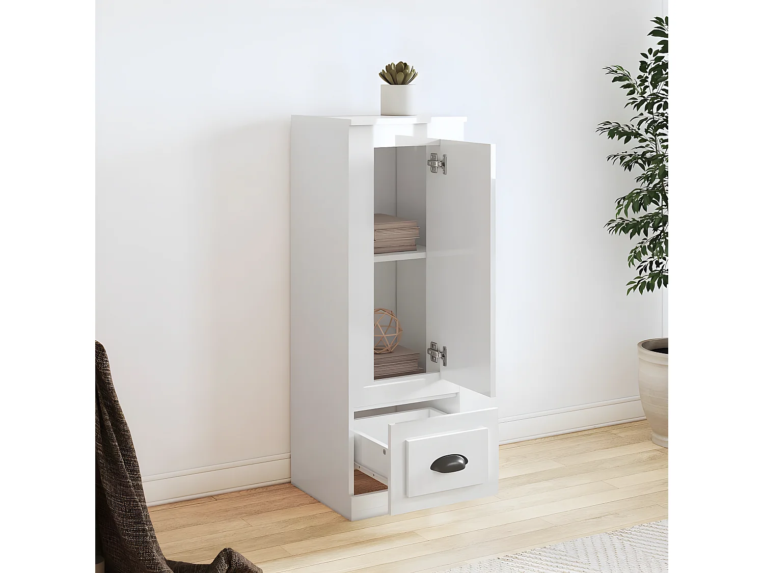 Buffet haut blanc brillant 36x35,5x103,5 cm bois d'ingénierie