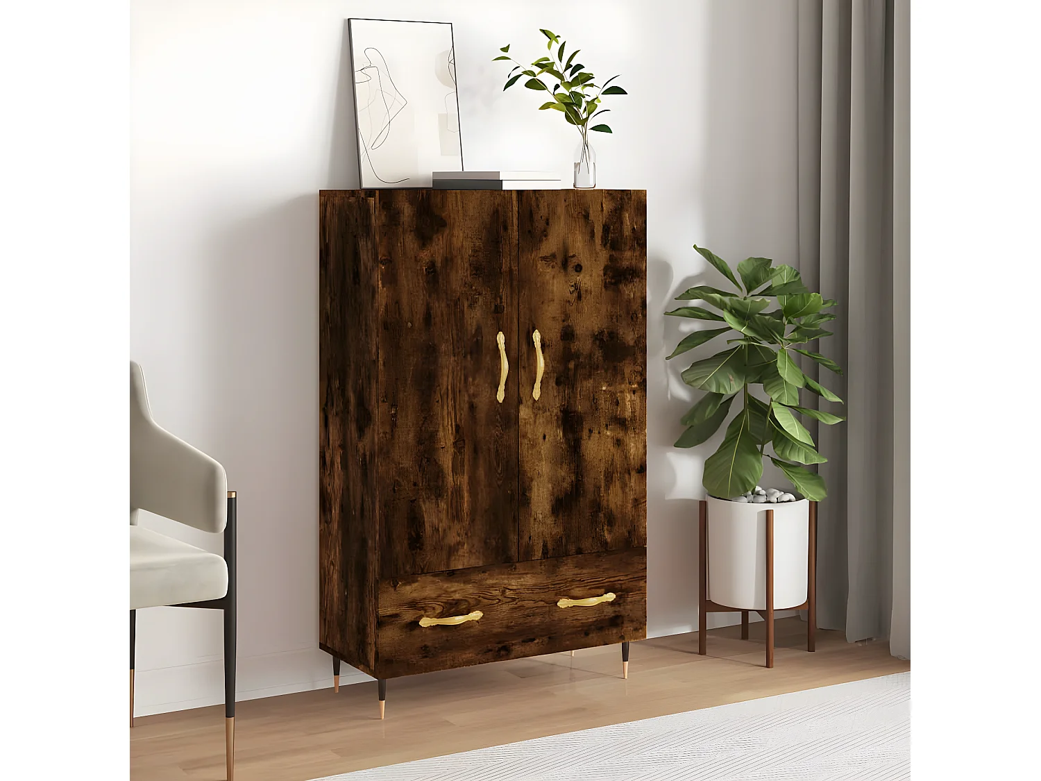 Hohes Sideboard aus geräucherter Eiche, 69,5 x 31 x 115 cm, Holzwerkstoff