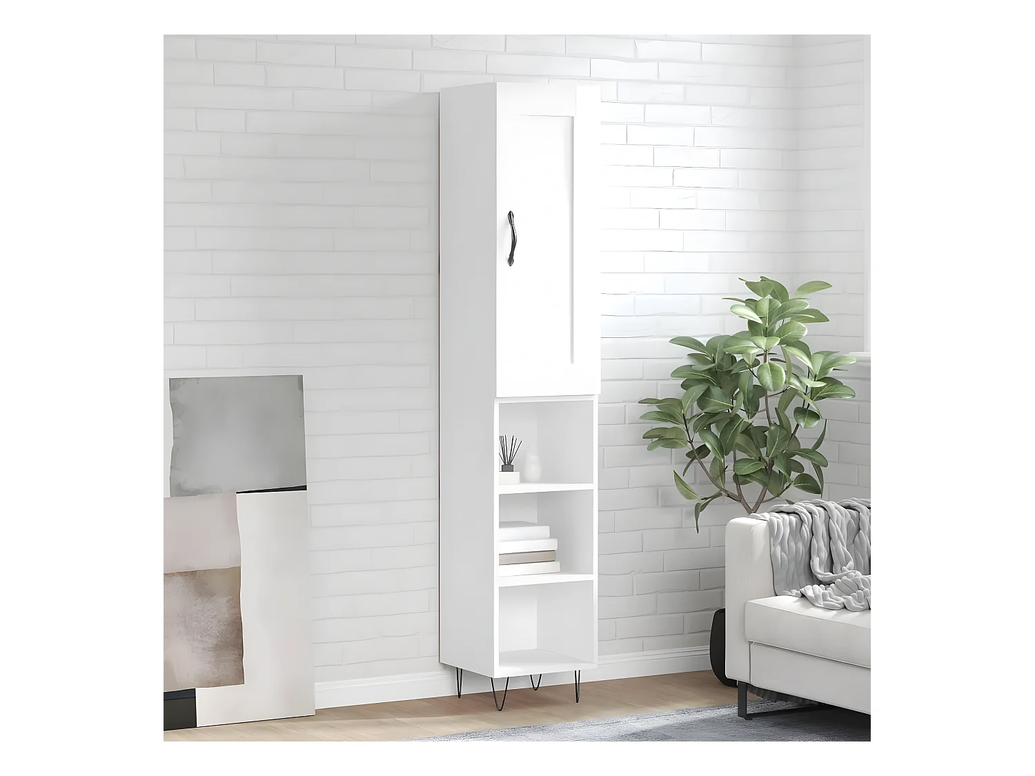 Buffet haut Blanc brillant 34,5x34x180 cm Bois d'ingénierie