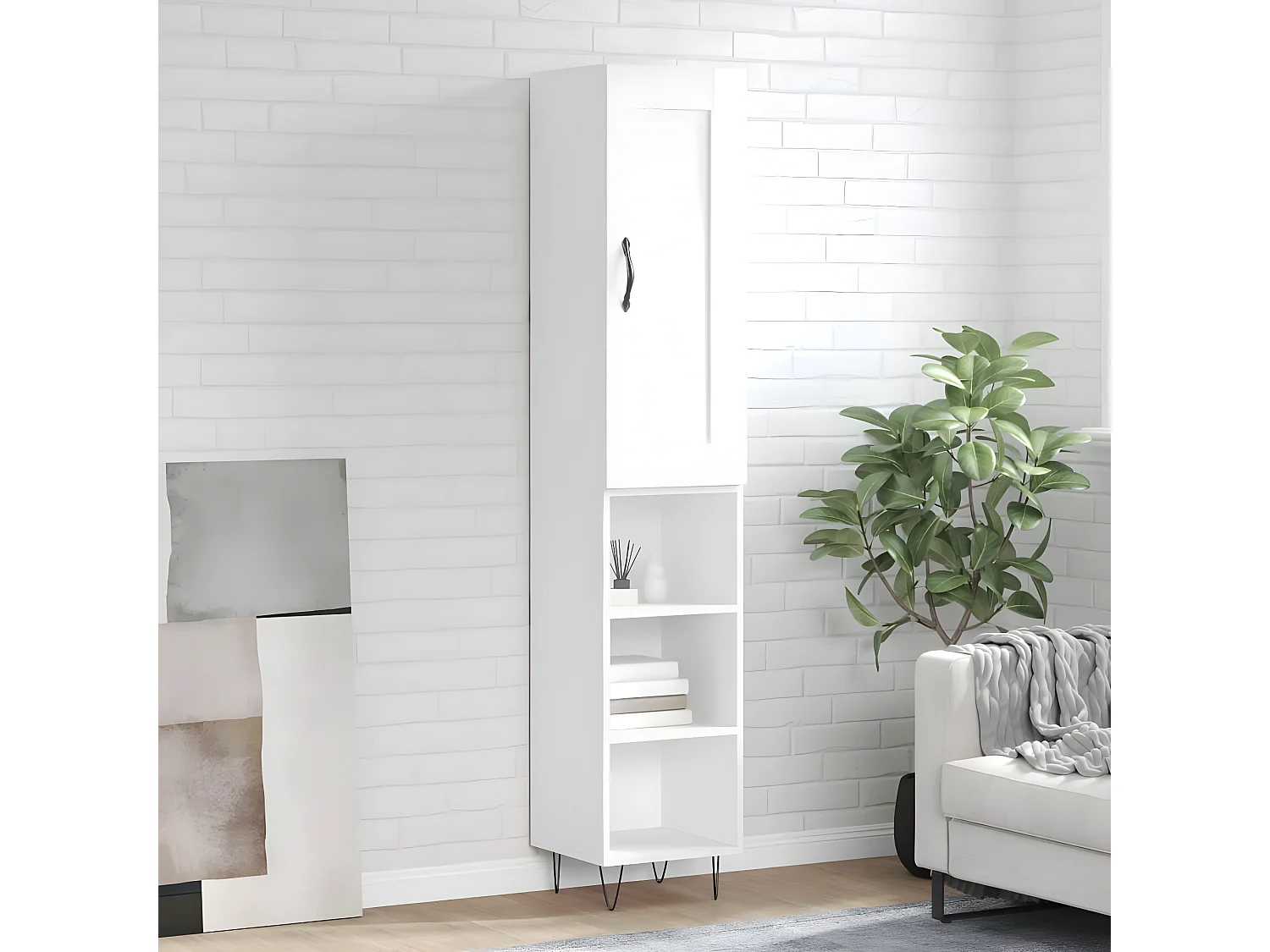 Aparador alto branco brilhante 34,5x34x180 cm Madeira trabalhada