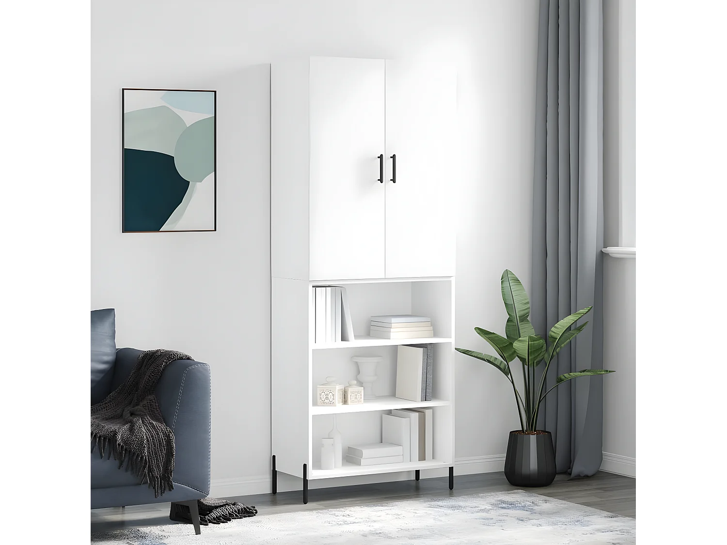 Hoog dressoir Glanzend wit 69,5x34x180 cm Bewerkt hout