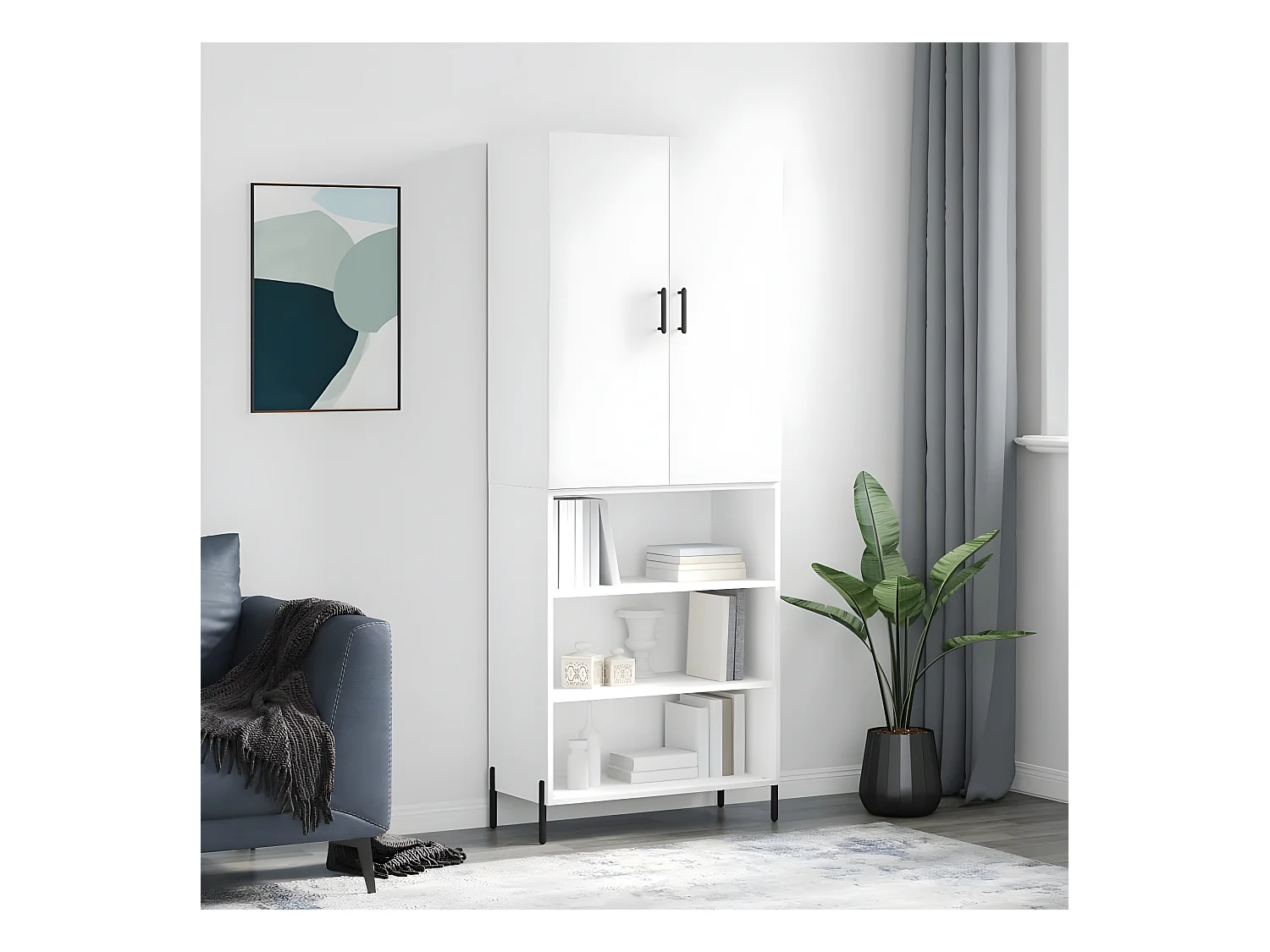 Hoog dressoir Glanzend wit 69,5x34x180 cm Bewerkt hout