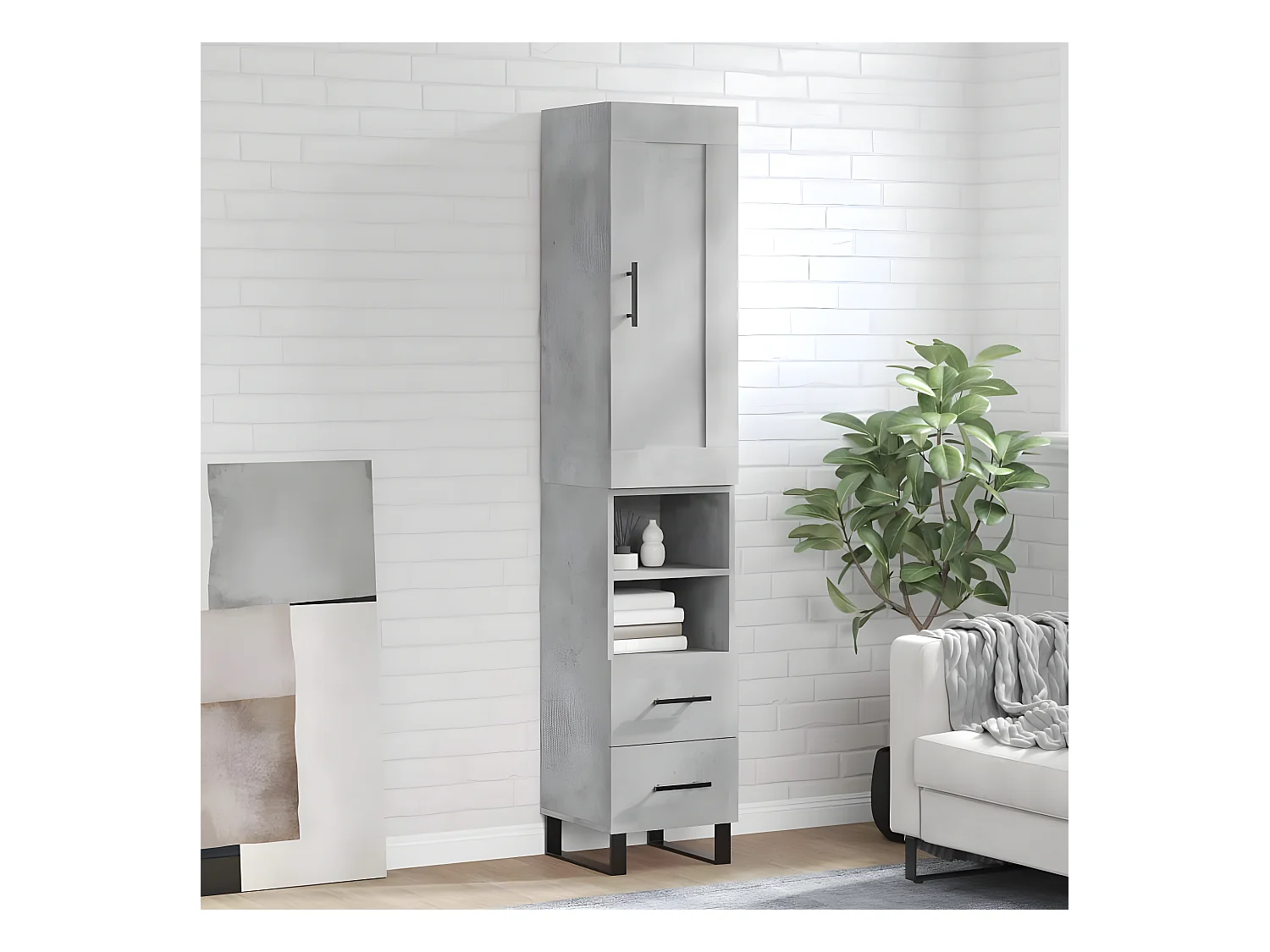 Buffet haut Gris béton 34,5x34x180 cm Bois d'ingénierie
