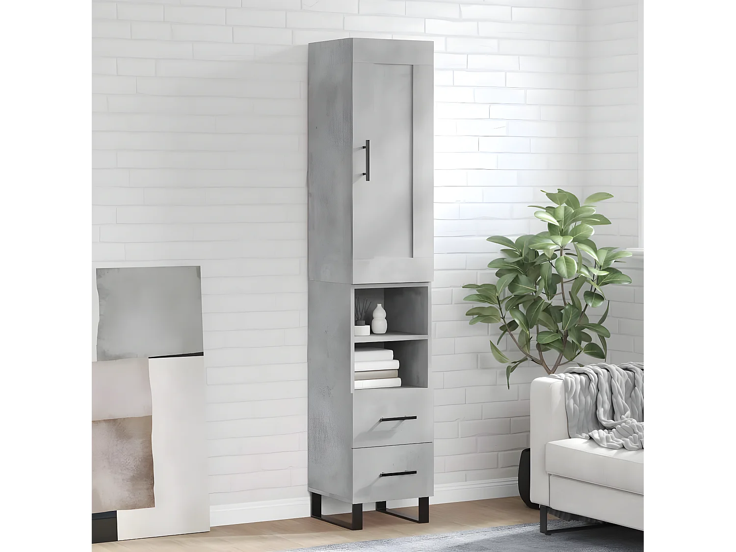 Buffet haut Gris béton 34,5x34x180 cm Bois d'ingénierie