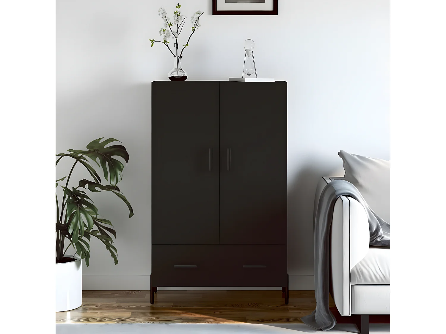 Buffet haut noir 69,5x31x115 cm bois d'ingénierie