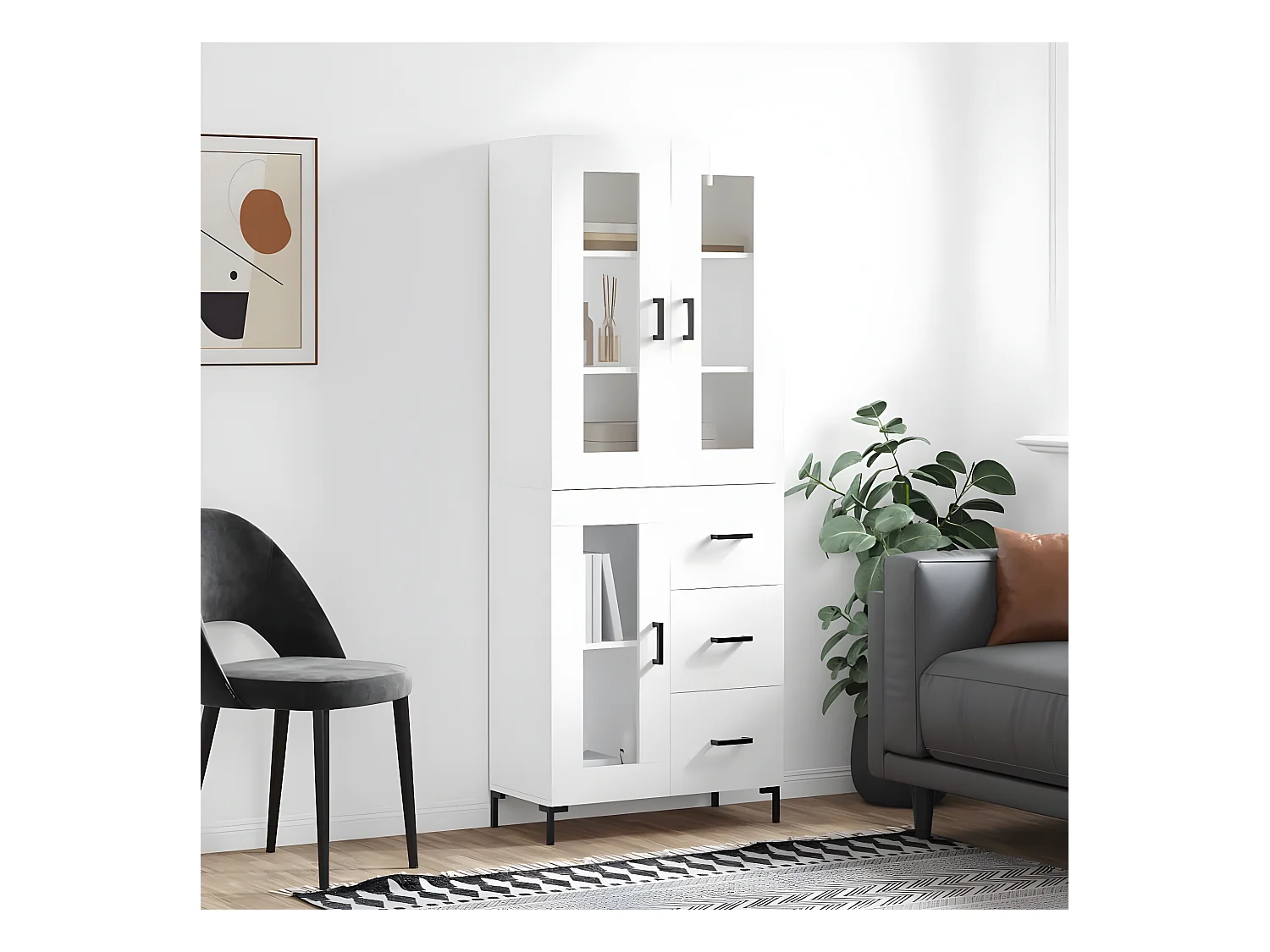 Buffet haut Blanc brillant 69,5x34x180 cm Bois d'ingénierie
