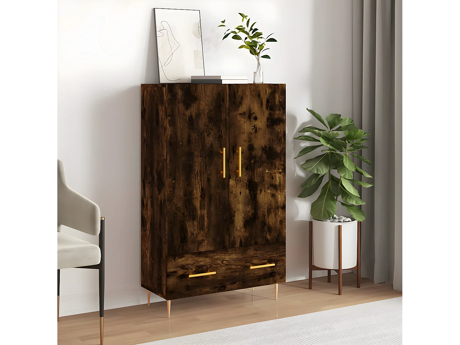 Hohes Sideboard aus geräucherter Eiche, 69,5 x 31 x 115 cm, Holzwerkstoff