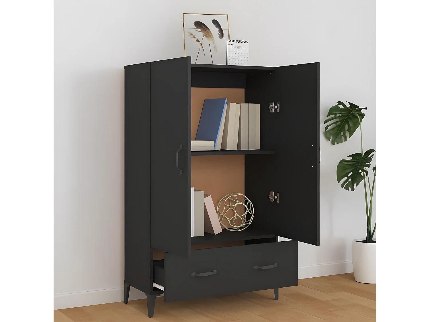 Buffet haut noir 70x31x115 cm bois d'ingénierie