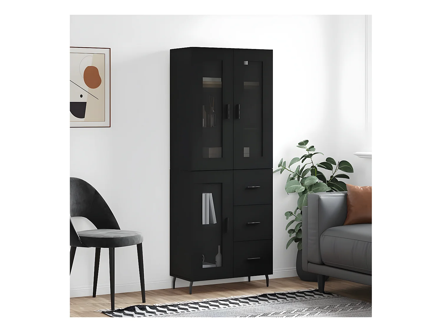 Hoog dressoir Zwart 69,5x34x180 cm Bewerkt hout