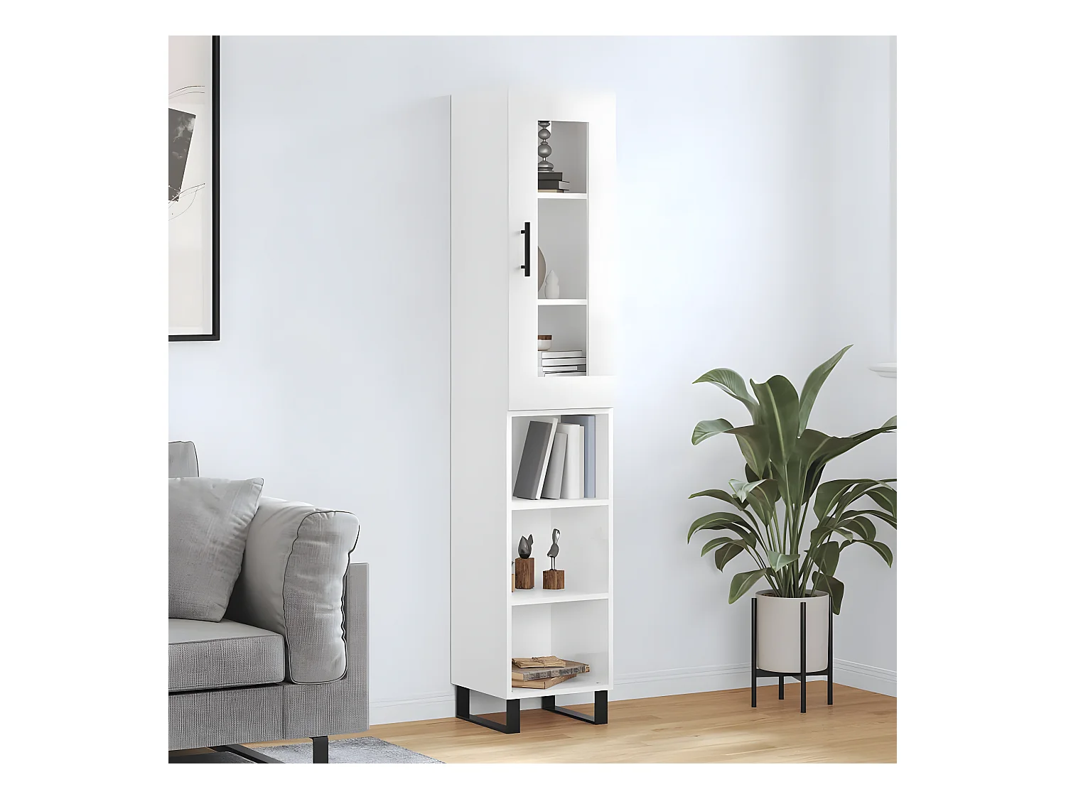 Buffet haut Blanc brillant 34,5x34x180 cm Bois d'ingénierie