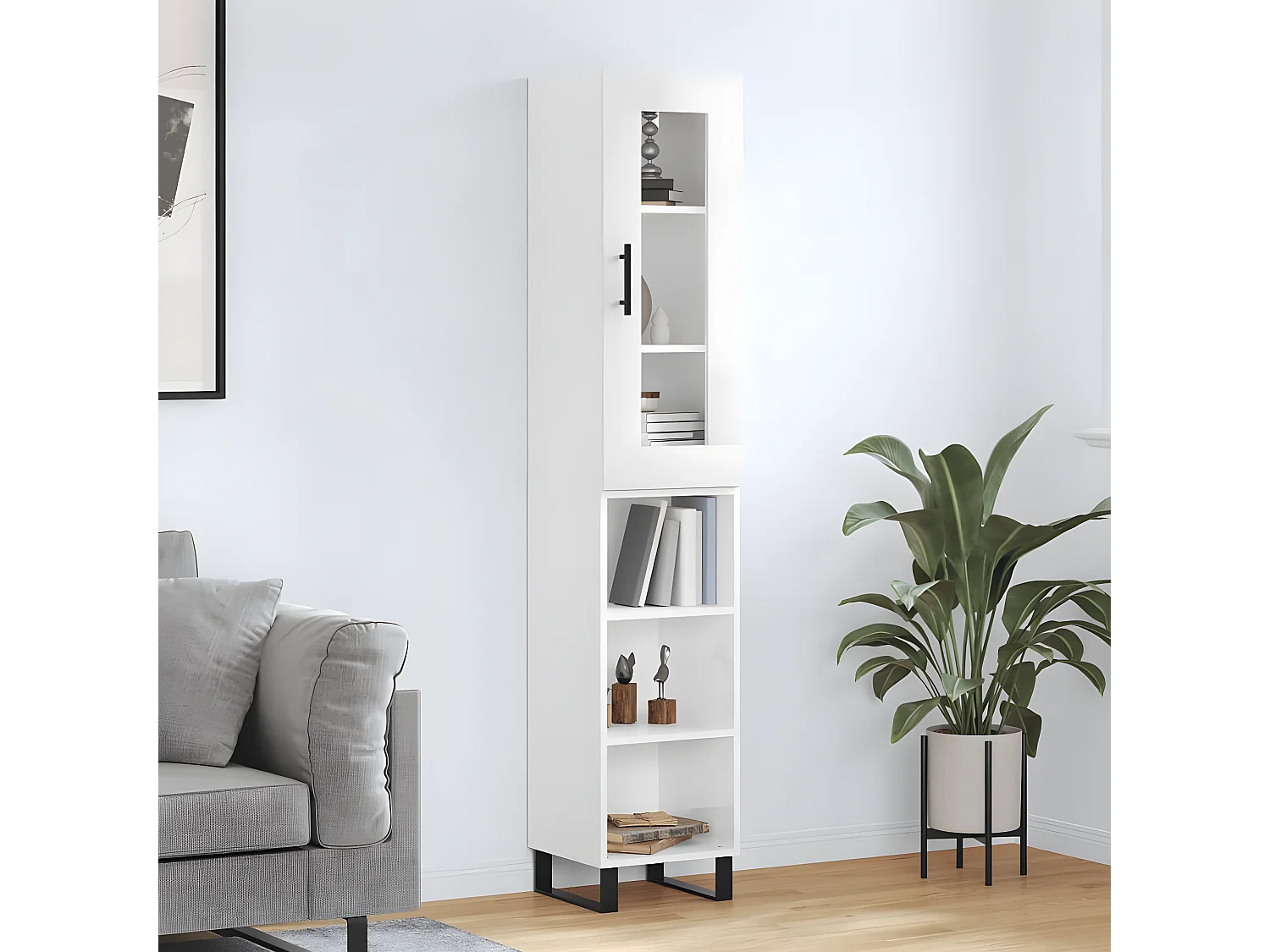 Buffet haut Blanc brillant 34,5x34x180 cm Bois d'ingénierie