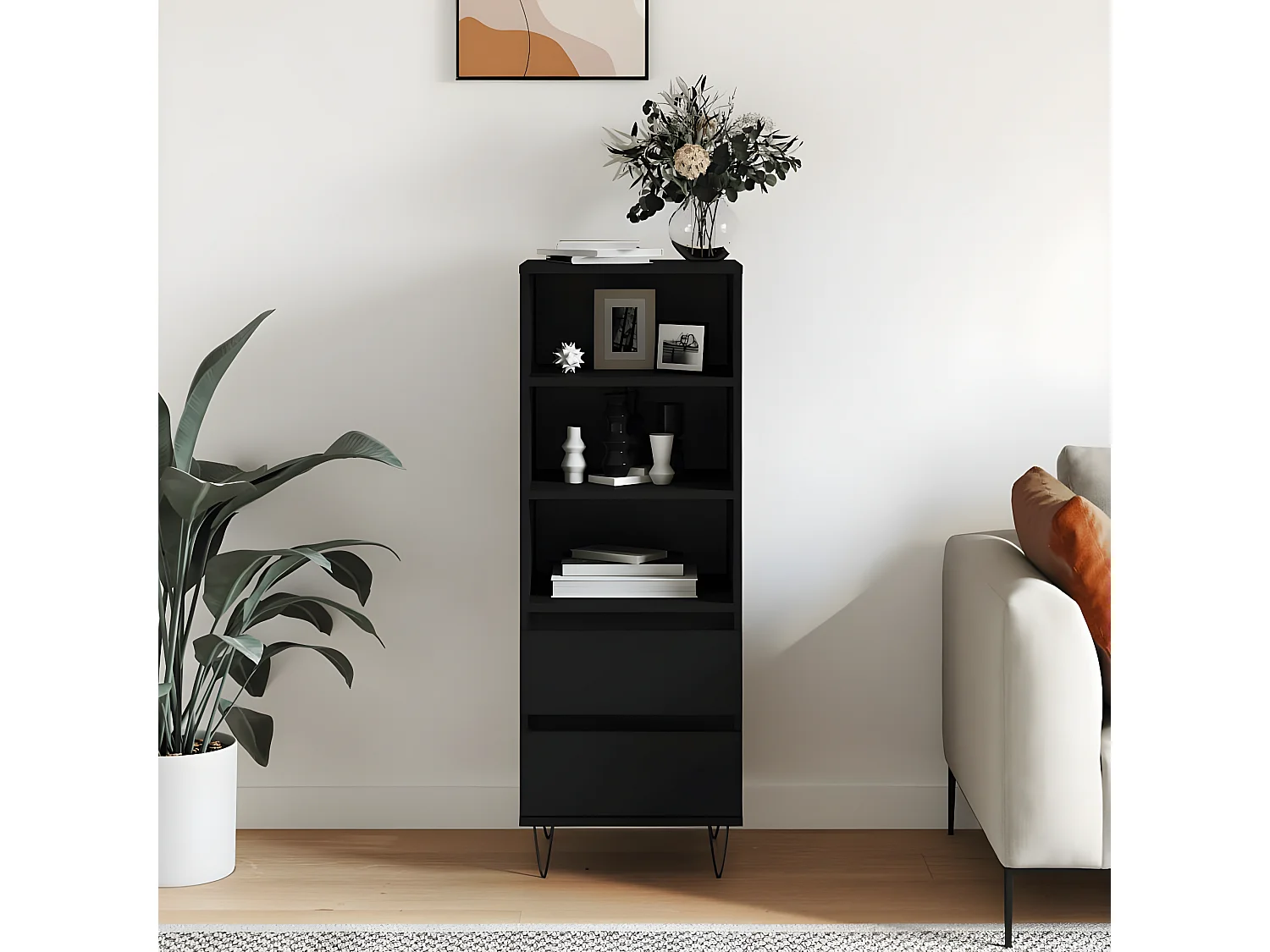 Aparador alto preto 40x36x110 cm Madeira trabalhada