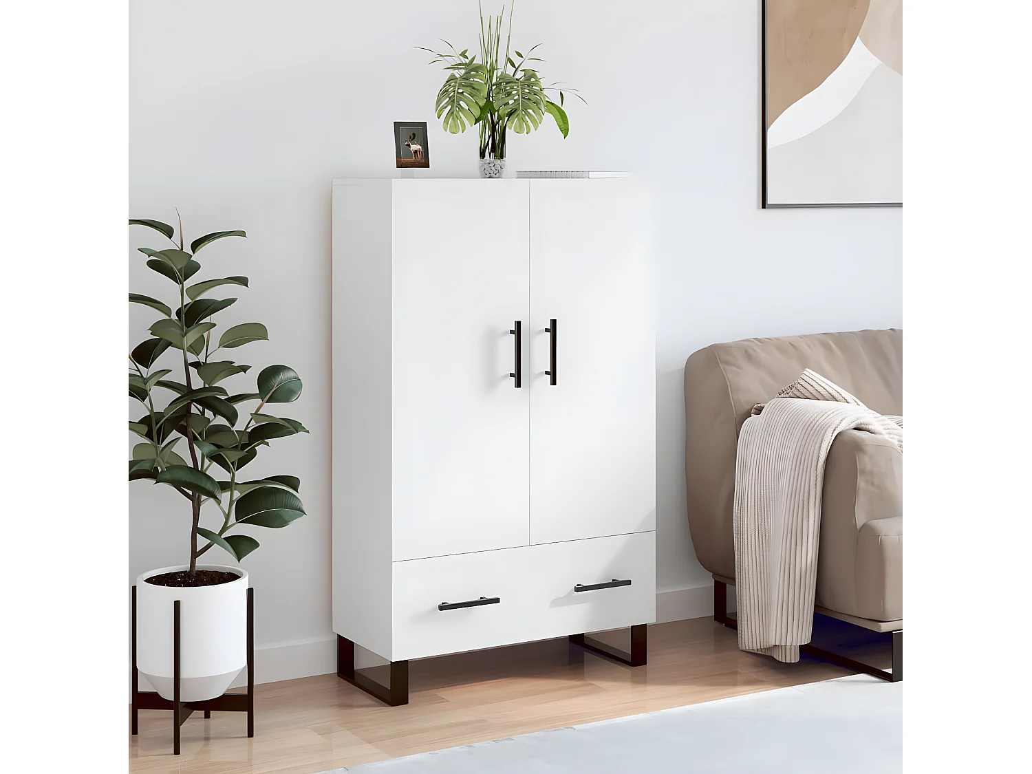 Weißes hohes Sideboard 69,5 x 31 x 115 cm, Holzwerkstoff