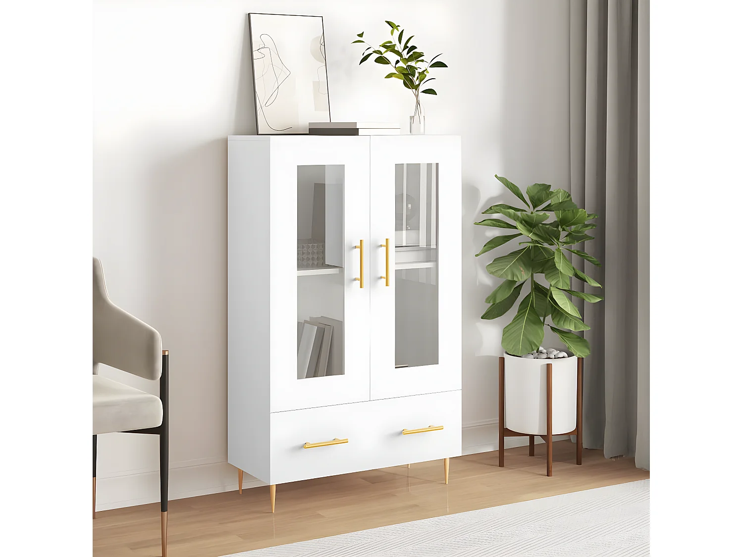 Weißes hohes Sideboard 69,5 x 31 x 115 cm, Holzwerkstoff