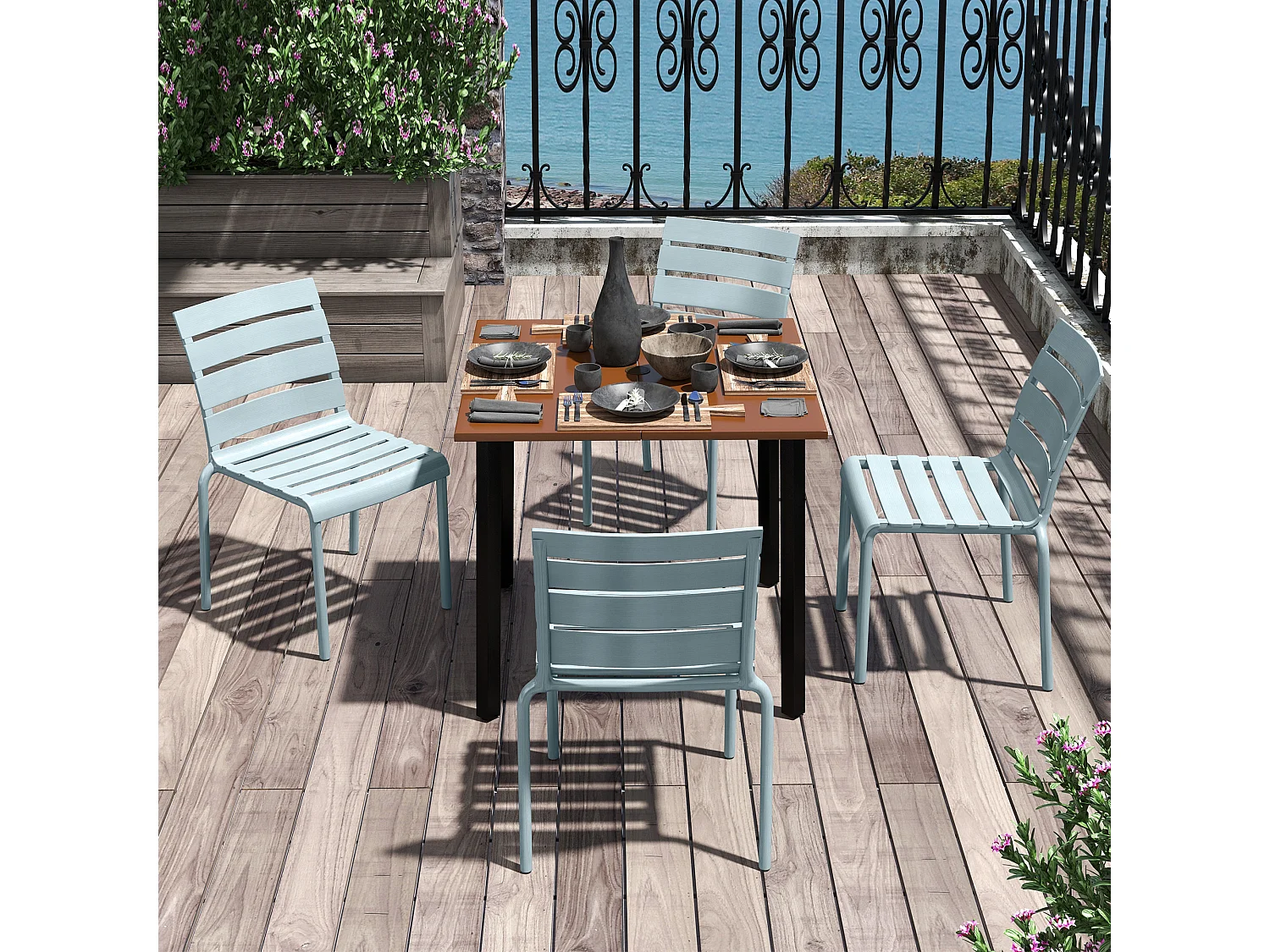 Lot de 4 chaises de jardin empilables avec assise et dossier à lattes gris