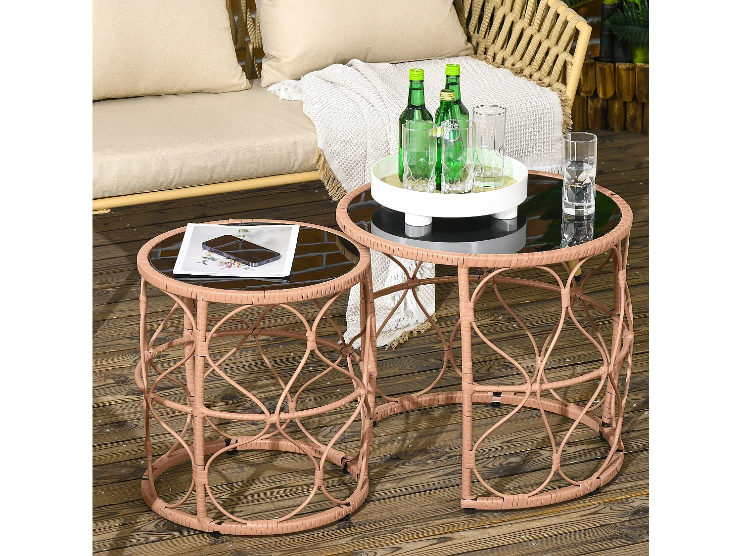 Lot de 2 tables basses gigognes de jardin résine tressée beige verre noir