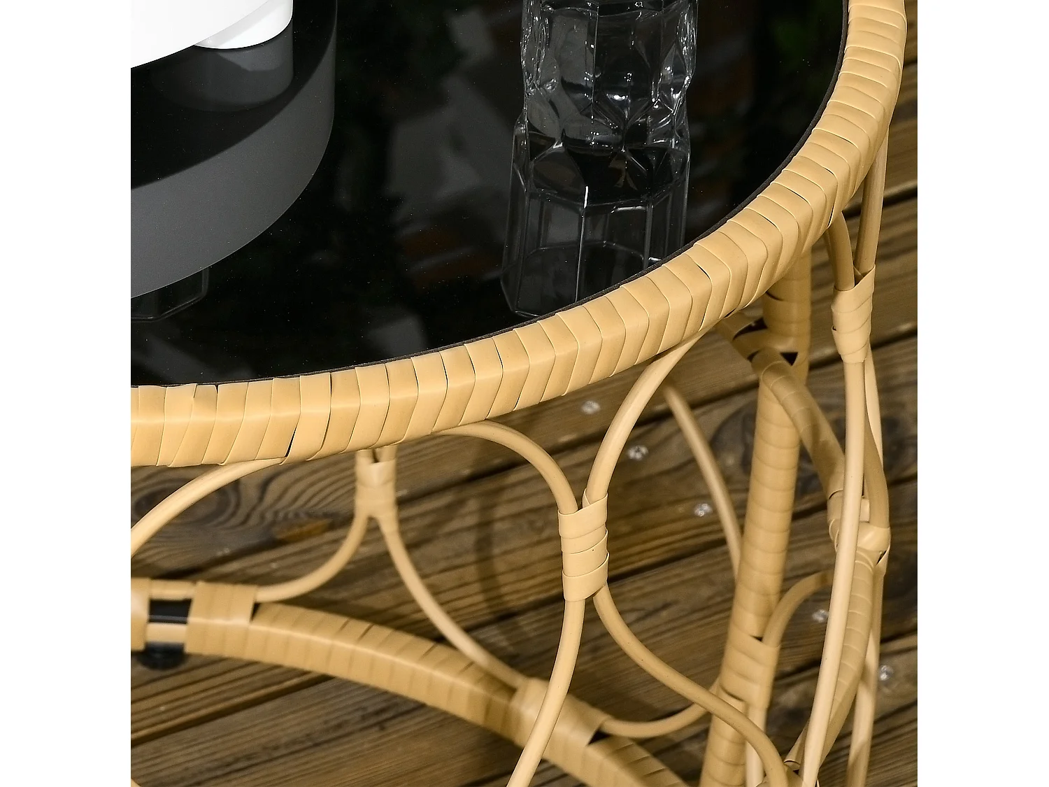 Lot de 2 tables basses gigognes de jardin résine tressée beige verre noir