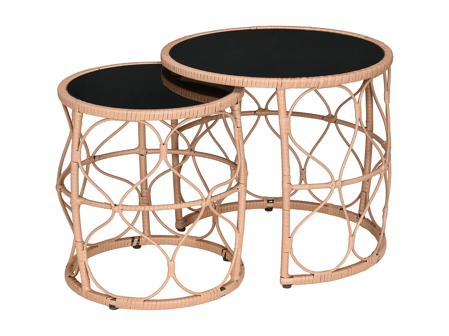 Lot de 2 tables basses gigognes de jardin résine tressée beige verre noir