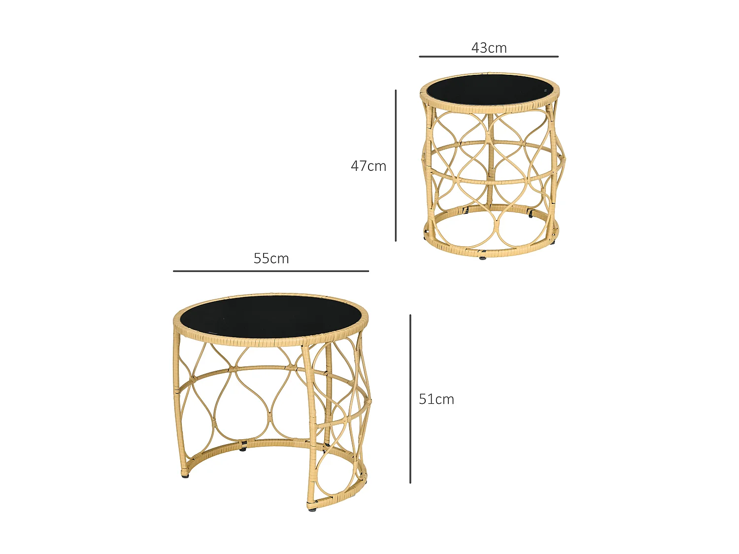 Lot de 2 tables basses gigognes de jardin résine tressée beige verre noir