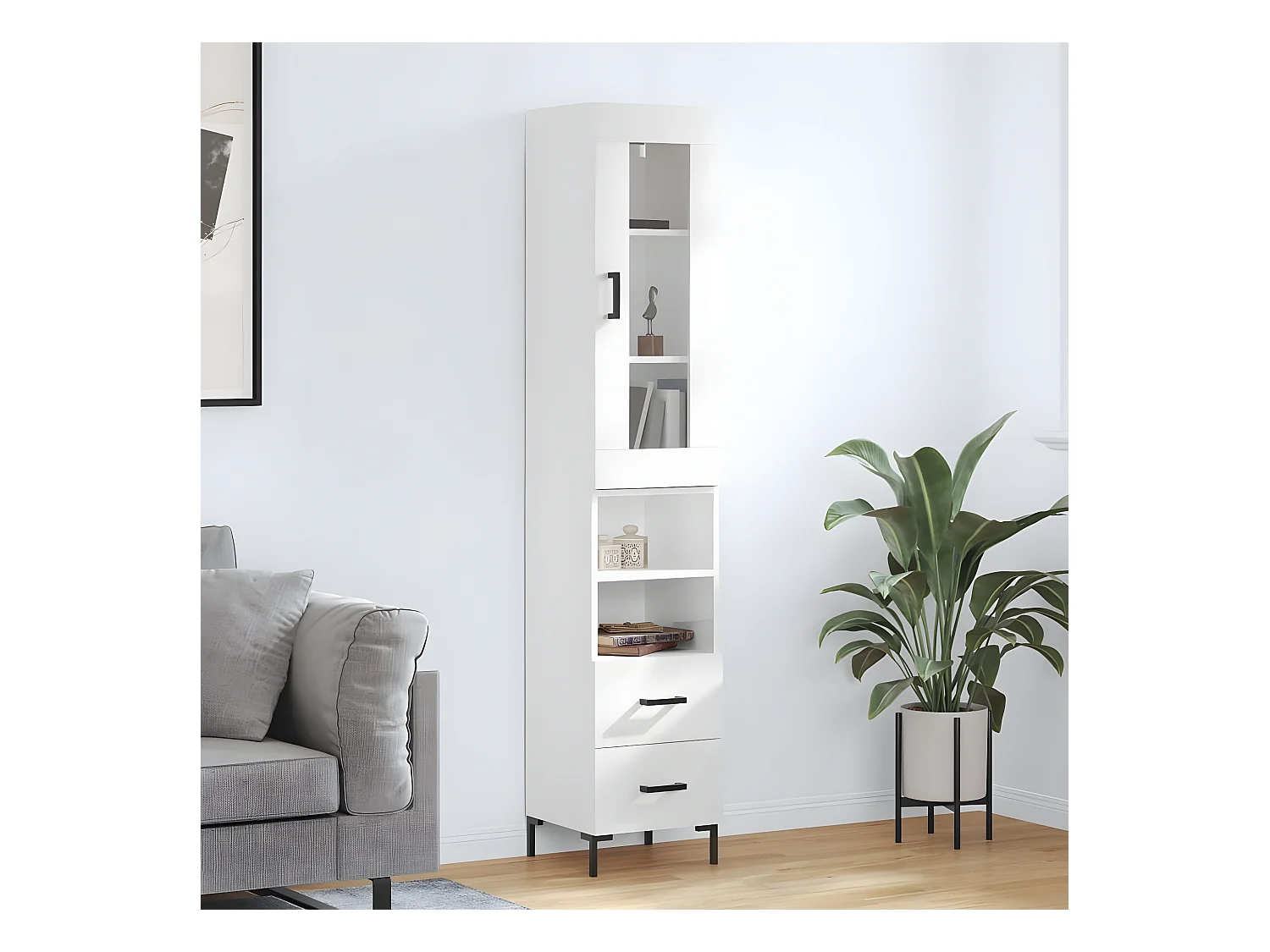 Buffet haut Blanc brillant 34,5x34x180 cm Bois d'ingénierie