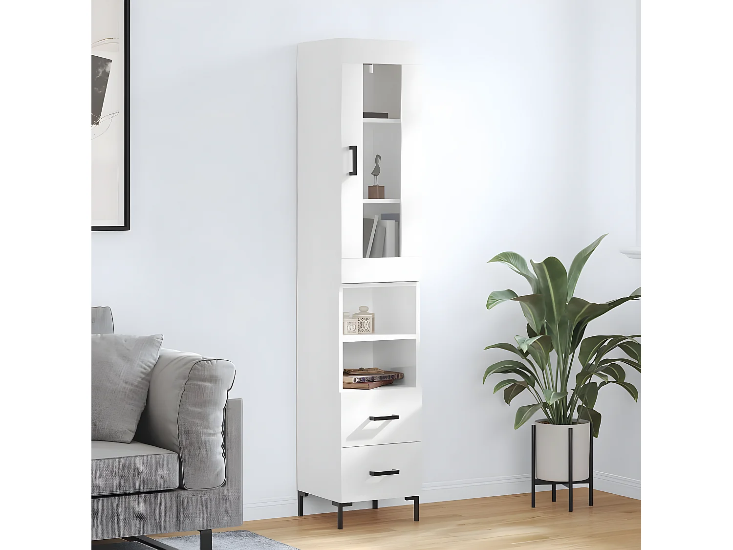 Buffet haut Blanc brillant 34,5x34x180 cm Bois d'ingénierie