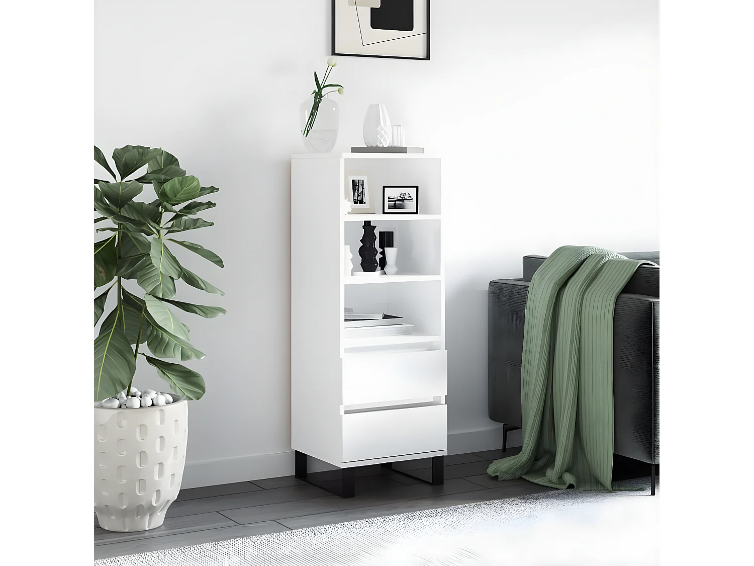 Buffet haut Blanc brillant 40x36x110 cm Bois d'ingénierie