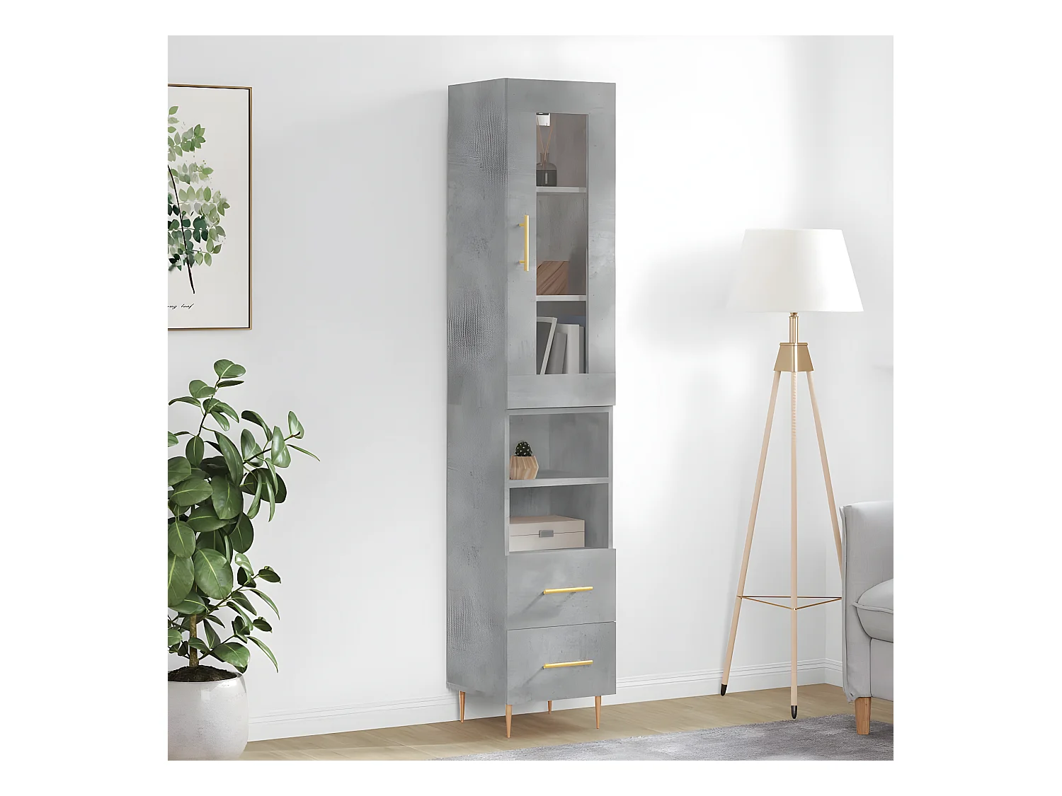 Aparador alto concreto cinza 34,5x34x180 cm madeira trabalhada