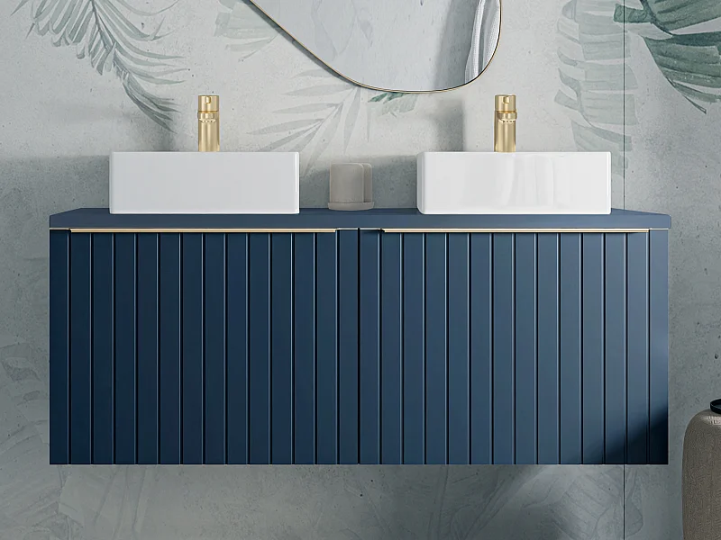 Meuble de salle de bain suspendu double vasque strié bleu - 120 cm - JOSEPHA