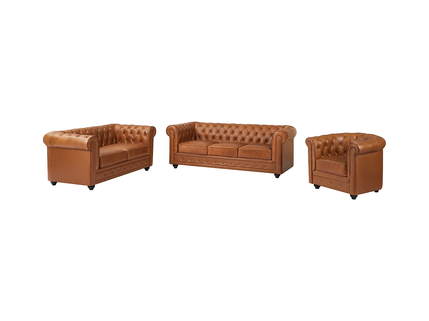 Sofá de 3 plazas, 2 plazas y sillón de piel de vaca color camel CHESTERFIELD