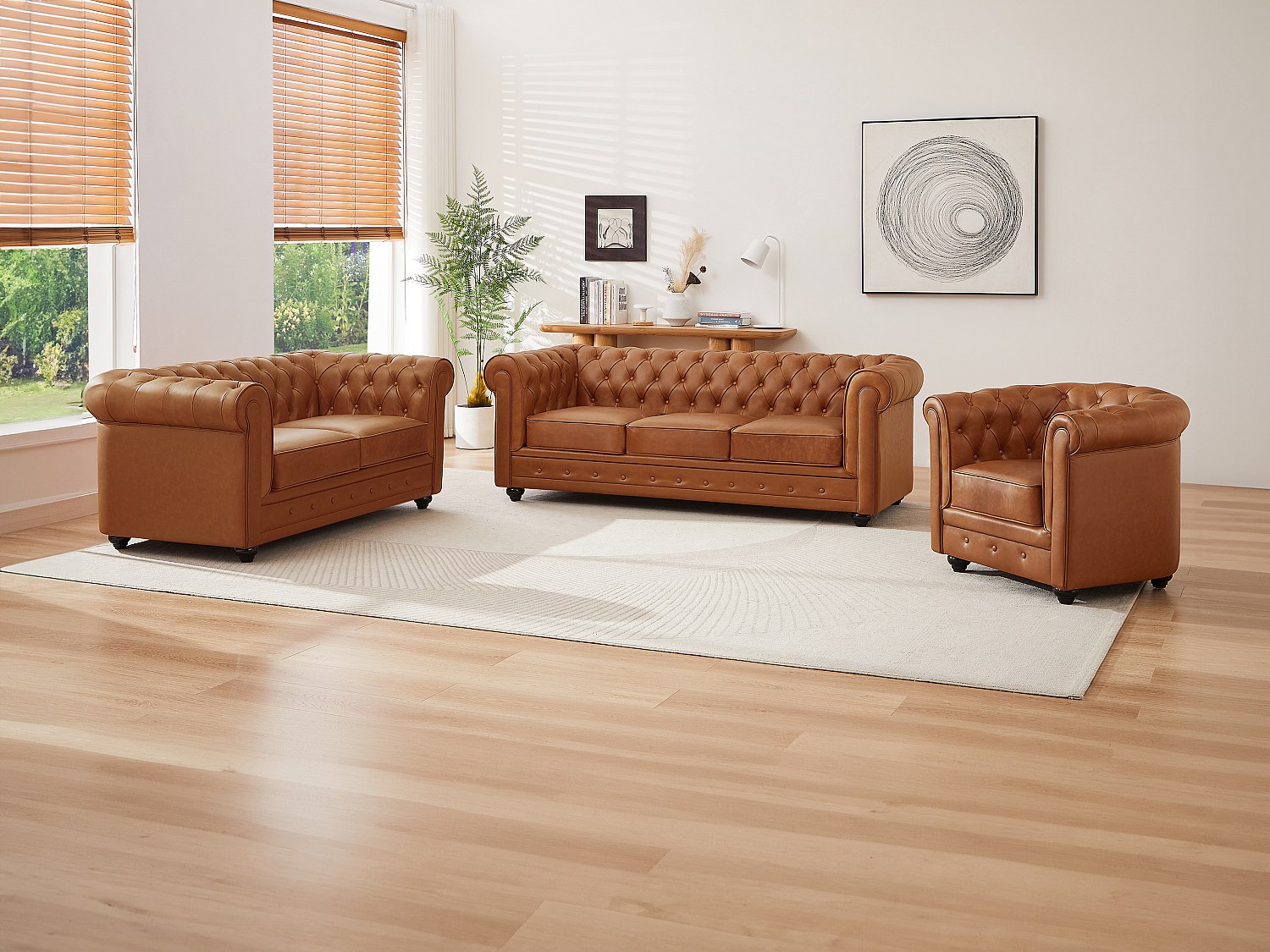 Sofa 3-Sitzer, 2-Sitzer & Sessel - Rindsleder - Camelfarben - CHESTERFIELD günstig online kaufen