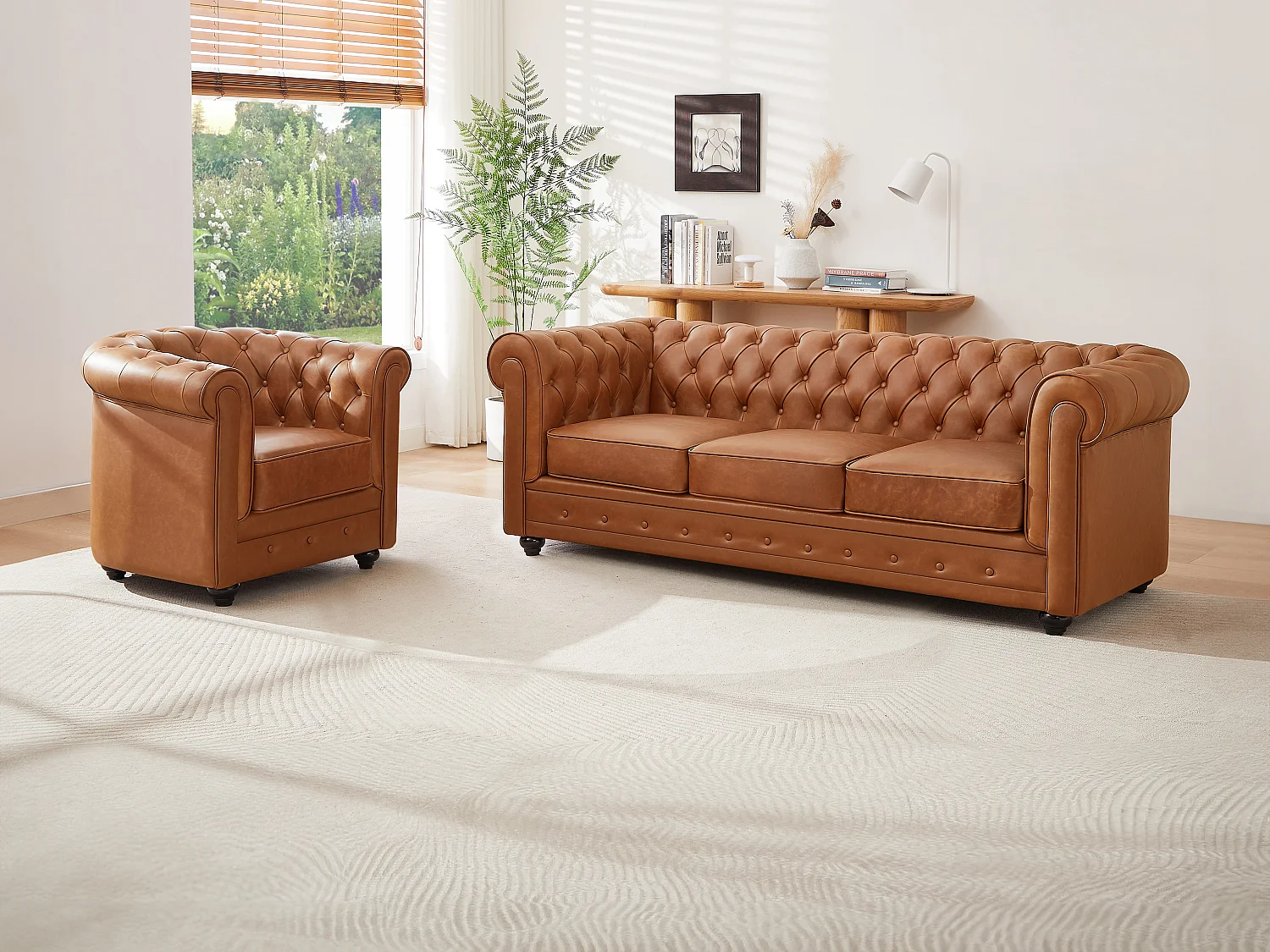 Canapé 3 places et fauteuil en cuir de vachette camel CHESTERFIELD