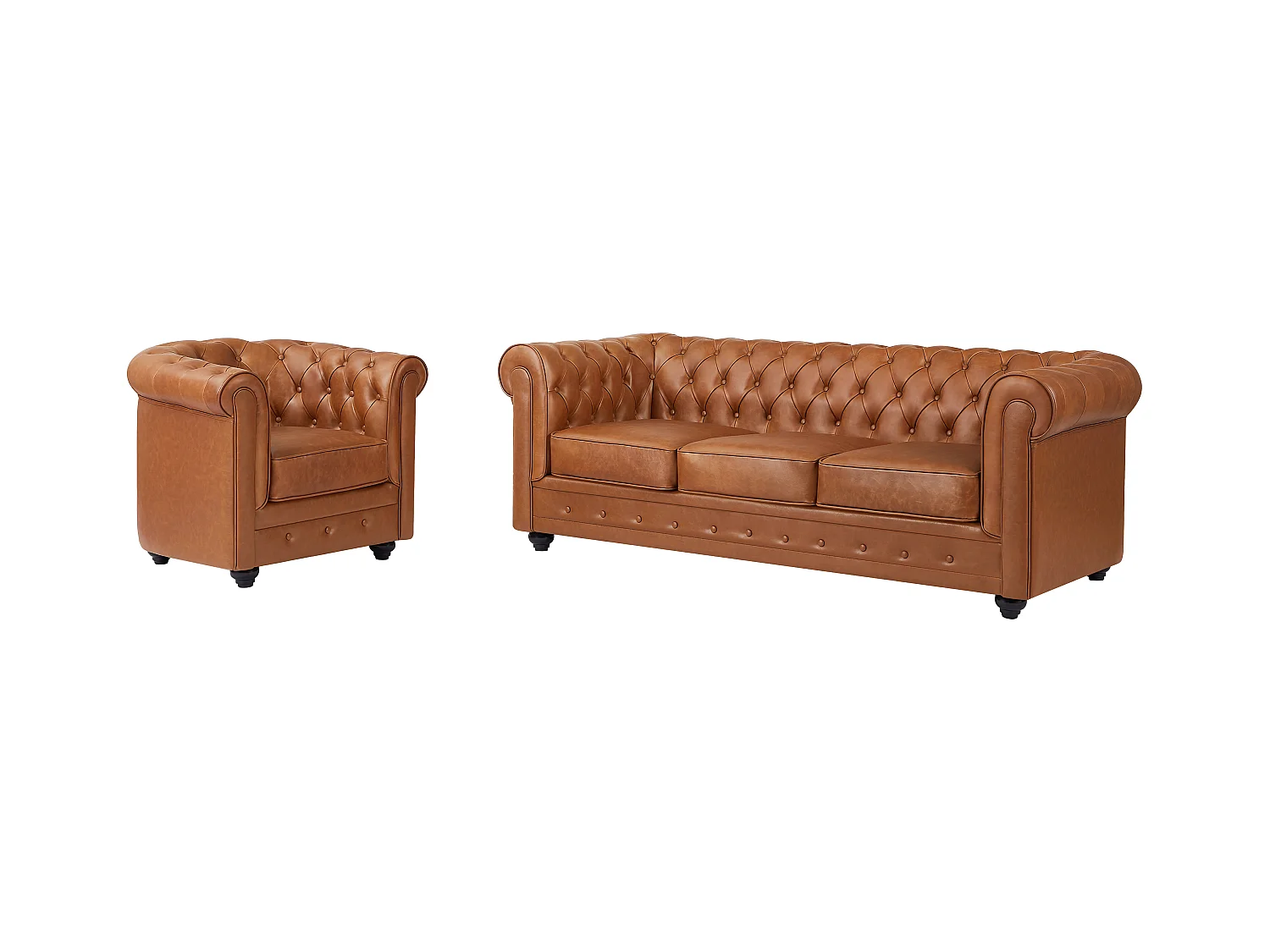 Canapé 3 places et fauteuil en cuir de vachette camel CHESTERFIELD