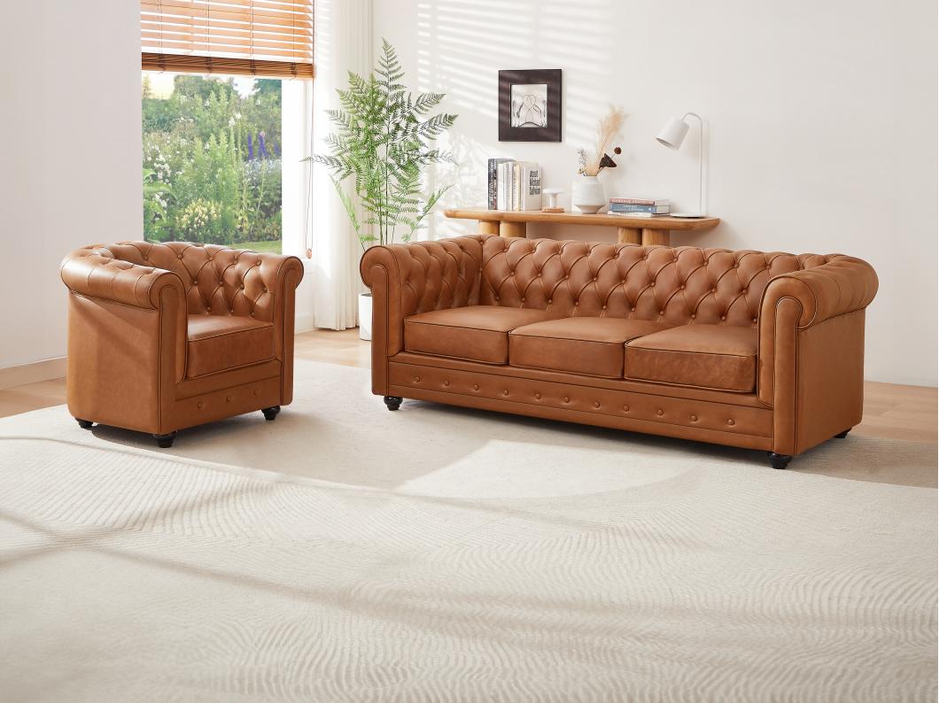 Canapé 3 places et fauteuil en cuir de vachette camel CHESTERFIELD
