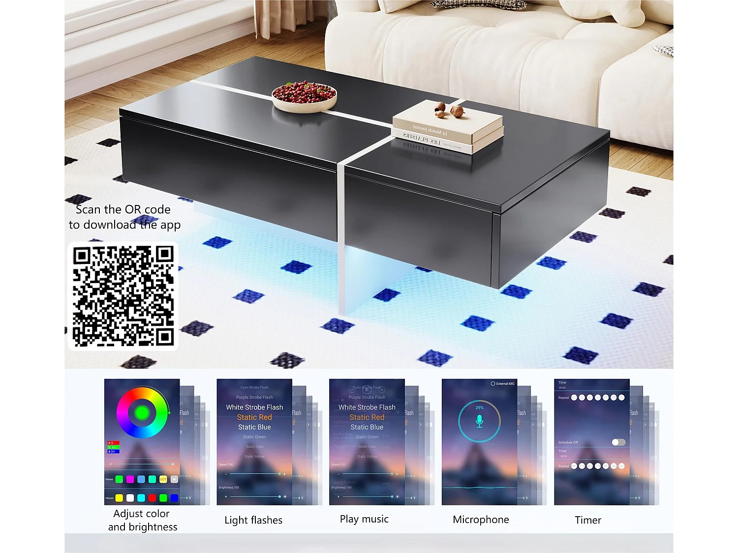 Couchtisch – mit App-gesteuertem LED-Beleuchtungssystem – Schwarz