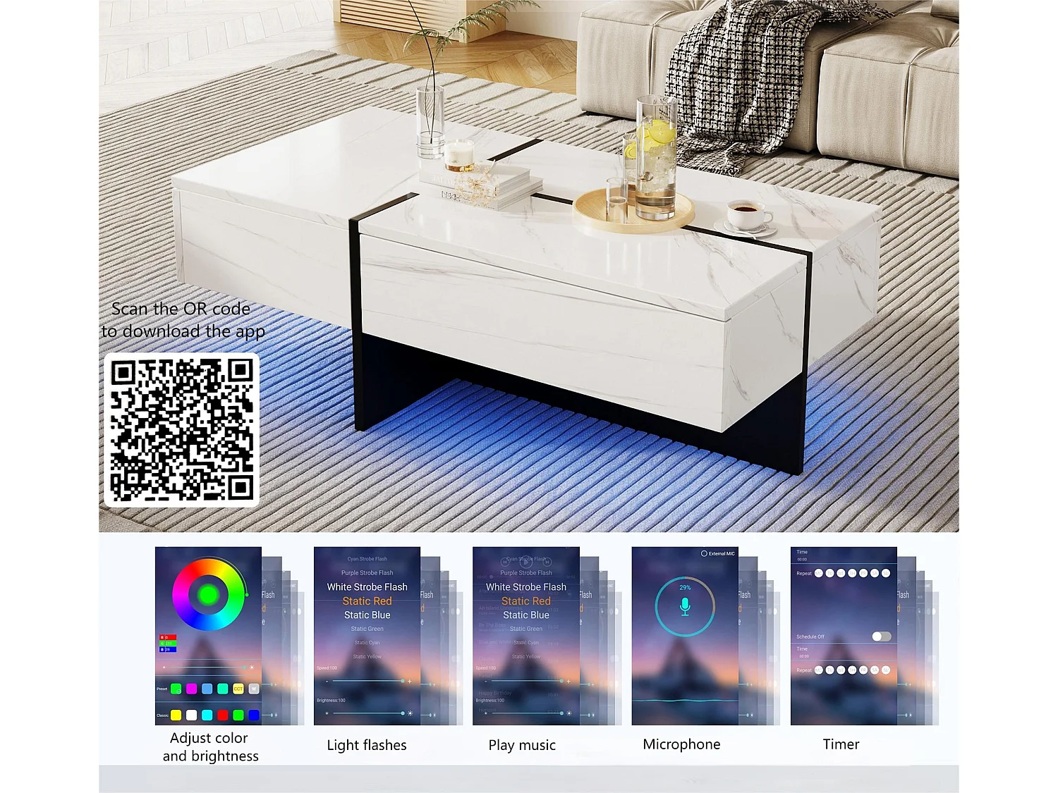 Table basse - avec système d'éclairage LED contrôlé par application - Blanc