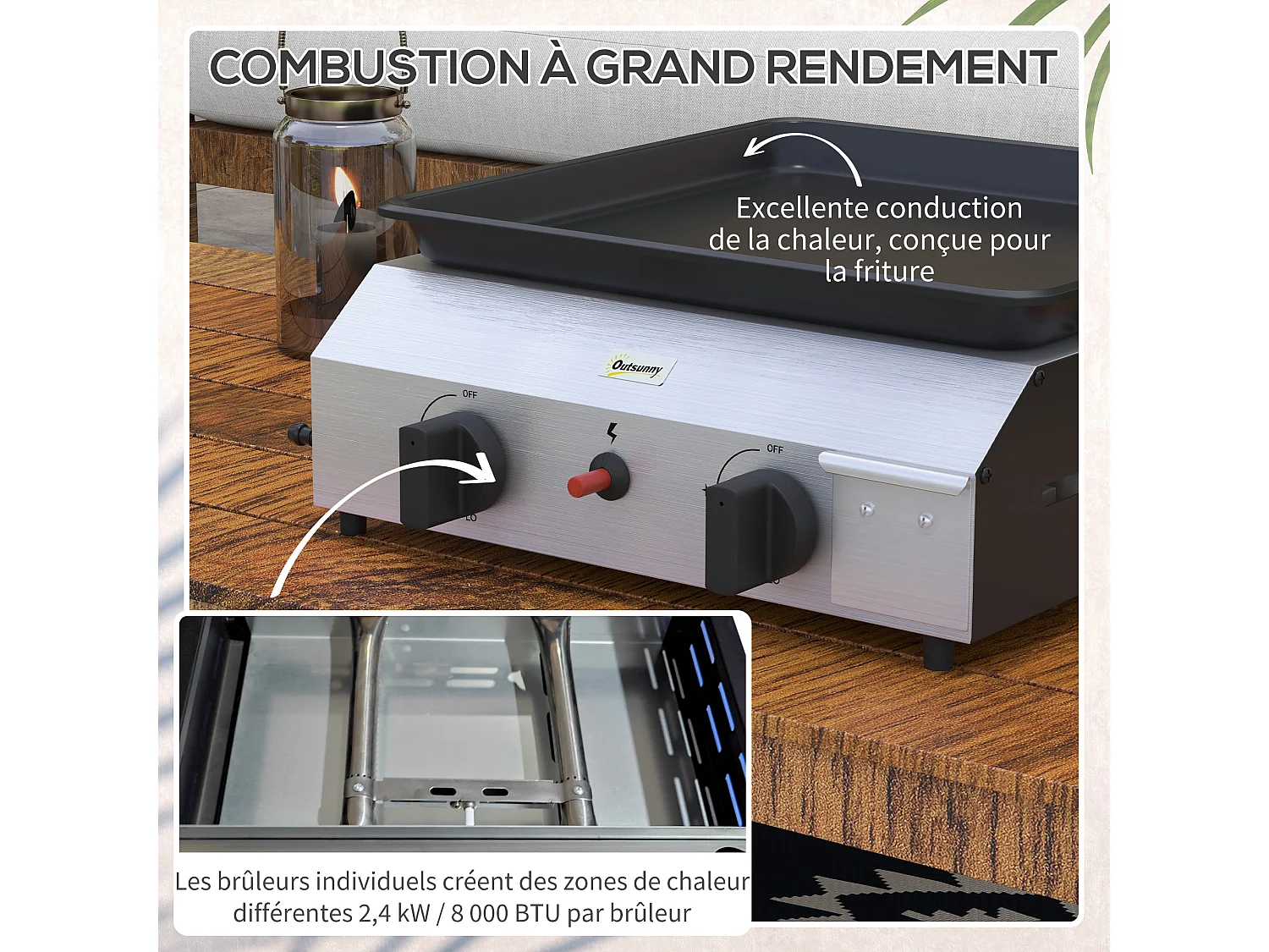 Plancha gaz portable antiadhésive 2 brûleurs 4,8 kW surface cuisson 40L x 34l cm acier inox émaillé