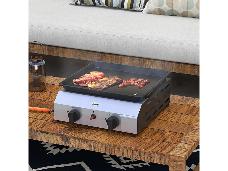 Plancha gaz portable antiadhésive 2 brûleurs 4,8 kW surface cuisson 40L x 34l cm acier inox émaillé