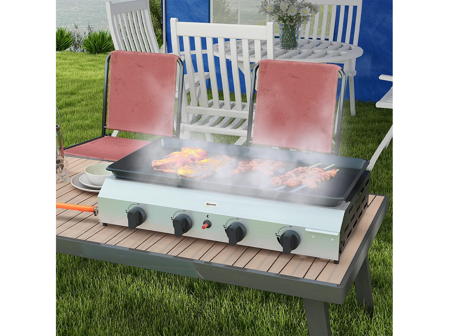 Plancha gaz portable antiadhésive 4 brûleurs 9,6 kW surface cuisson 73L x 34l cm acier inox émaillé